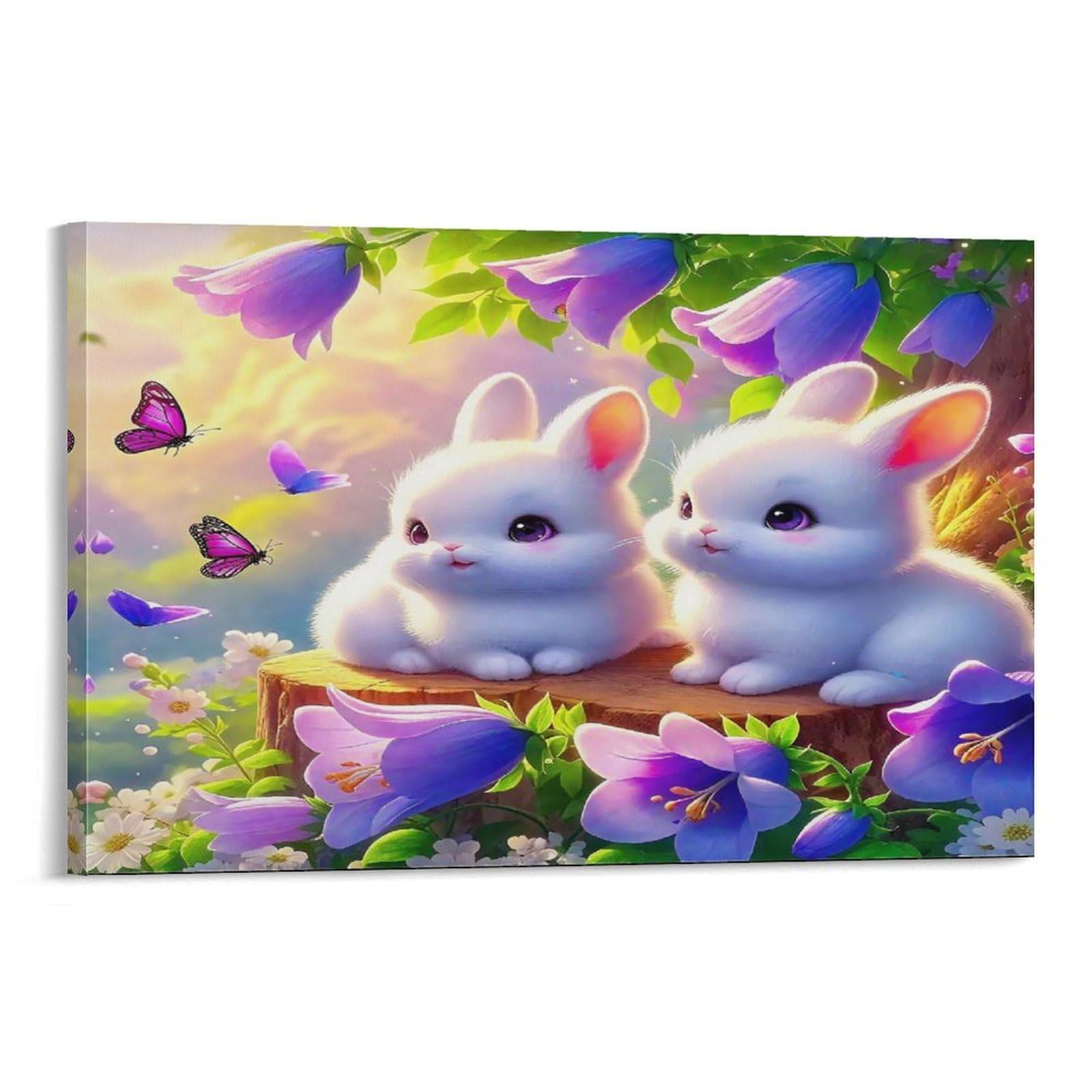 CPLVKWRQJ Snowy Scene with Deer And Rabbit Individual Two White Bunnies Purple Flowers Butterflies Canvas Print - Office Wall Art Fade Resistant Statement Piece Ready to Hang 20x30inch(50x75cm)