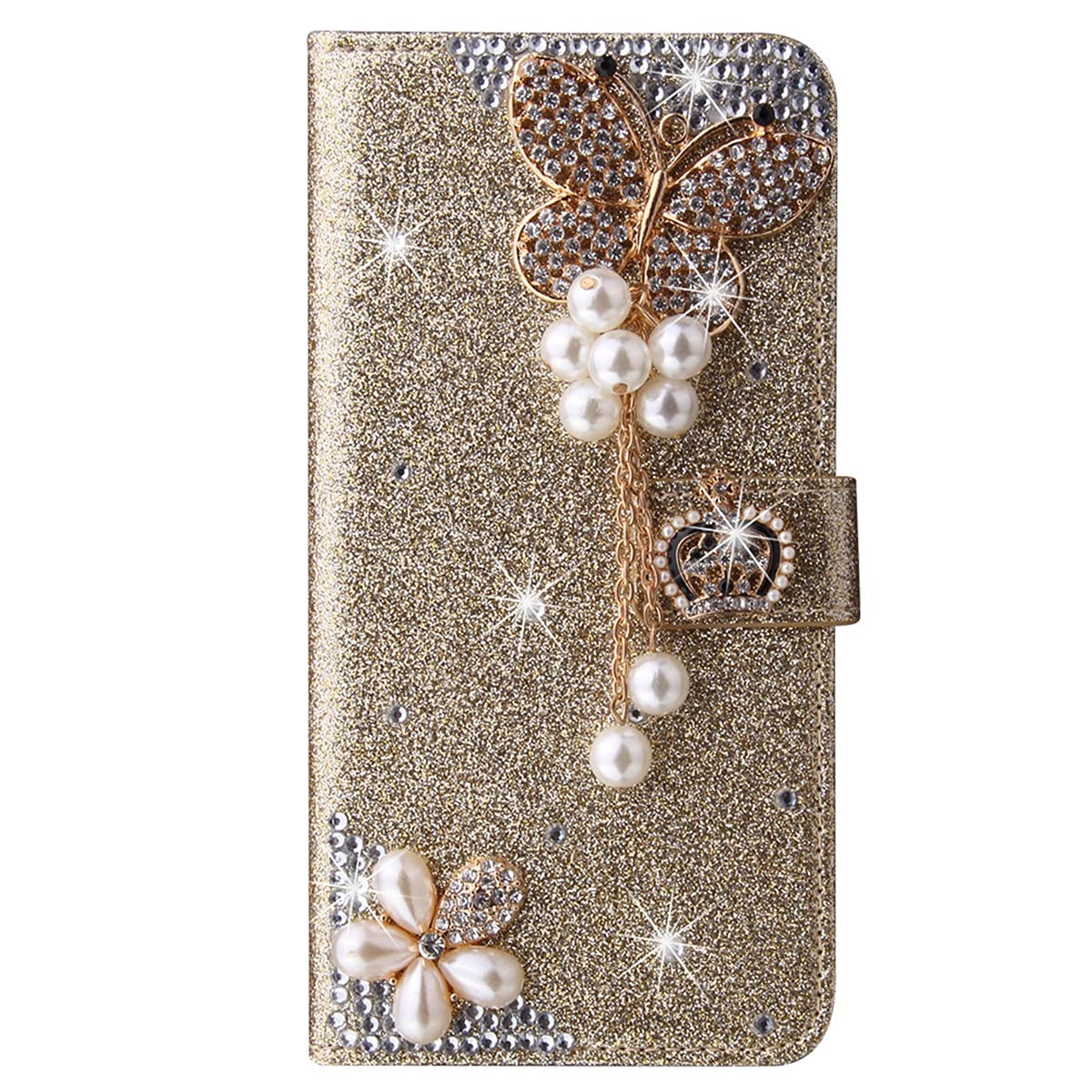 XYX Wallet Case for iPhone 7/iPhone 8/iPhone SE 2020, Glitter Crown Butterfly Diamond Luxury Flip Card Slot Phone Protection Cover Girl Women, Gold