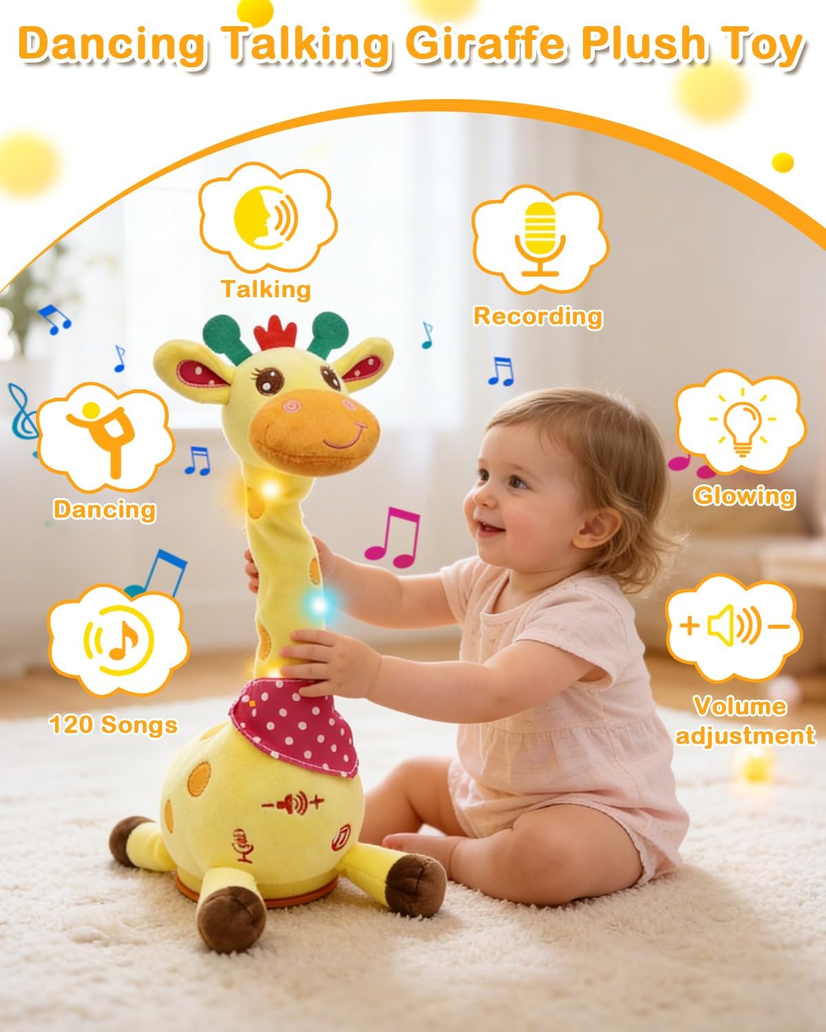Pbooo Dancing Talking Giraffe Toy, Stuffed Animal Repeats What You Say, Electronic Musical Plush with Glowing Light, Interactive Baby Toys Gifts for Toddlers Kids Boys Girls 1 2 3 Years Old