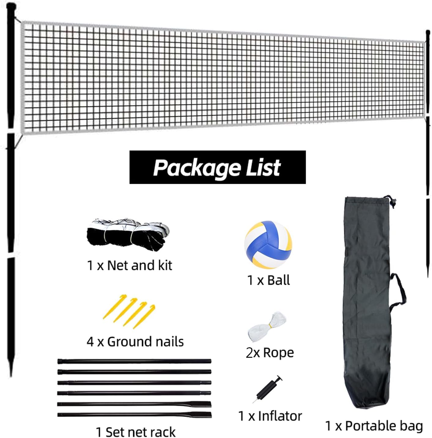 Portable Outdoor Volleyball Net Set 19ft Easy Set Up Volleyball Net System with Adjustable Poles, Soft Volley Ball, Pump, Boundary Line, Carry Bag for Backyard, Beach,