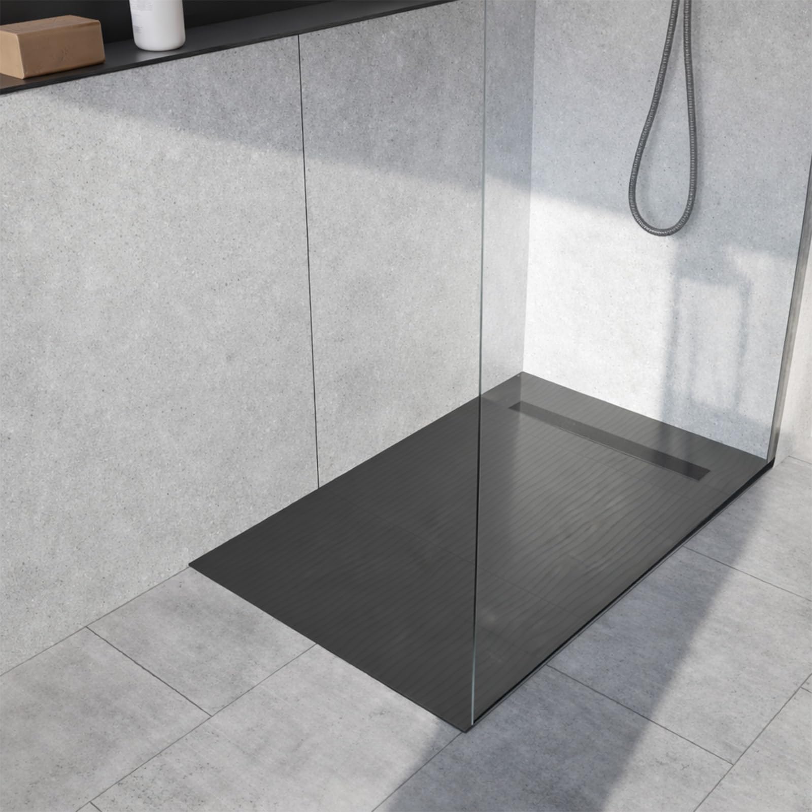 Receveur de Douche à Carreler 140x80cm à Ecoulement Linéaire - Grille Noire et Bonde