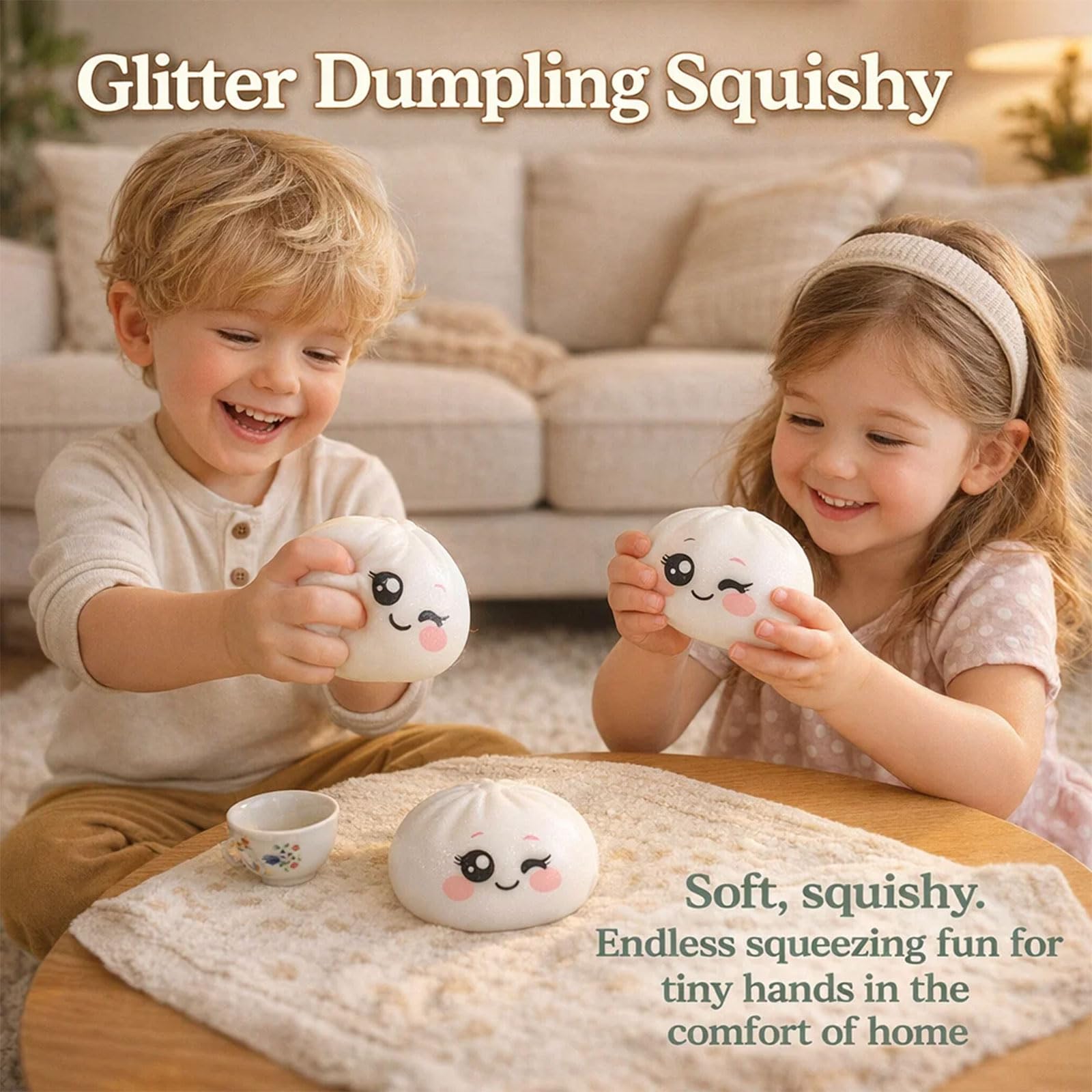 Dumpling Squishy, Squishy Dumpling Toy, Glitter Dumplings Squishiest Toy with Steamer Box, Stress & Anxiety Relief Toys for Kids & Adults Non-Edible (White) — view 4