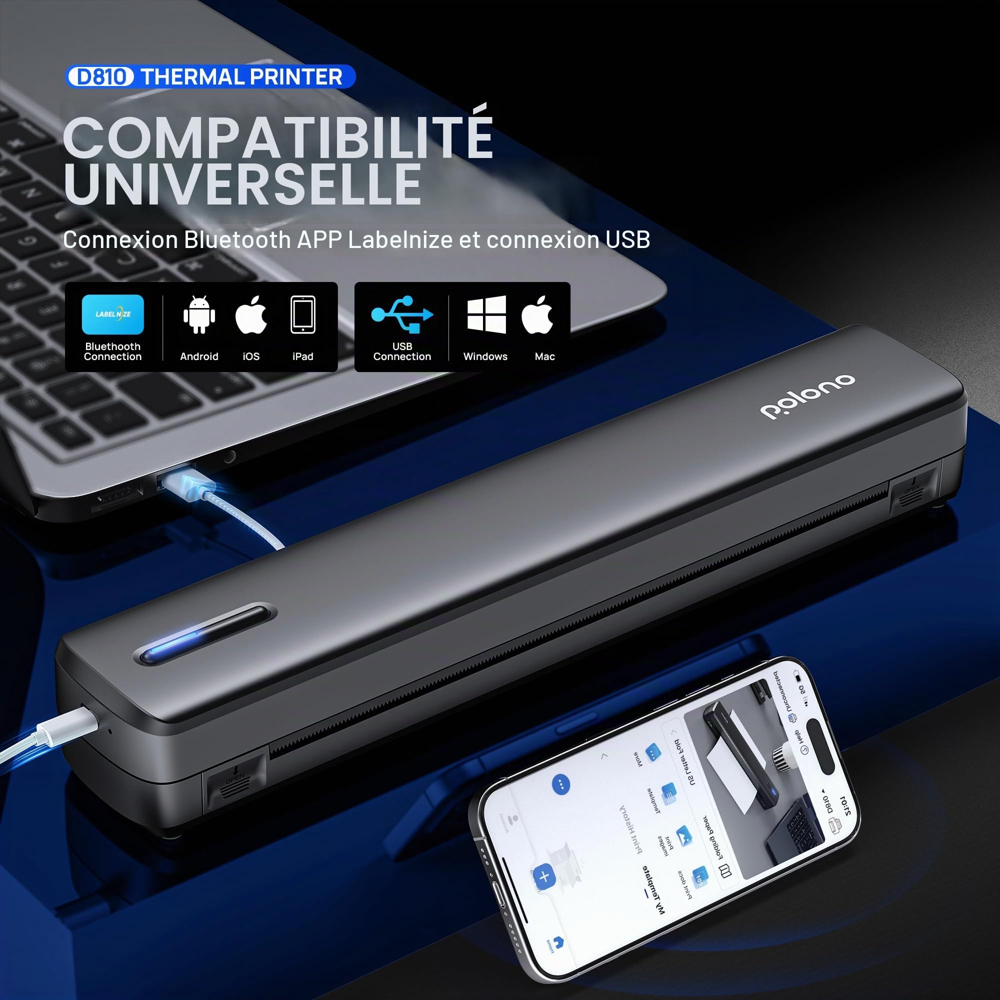 POLONO Imprimante thermique A4 sans fil portable pour voyage, compatible iOS Android ordinateur