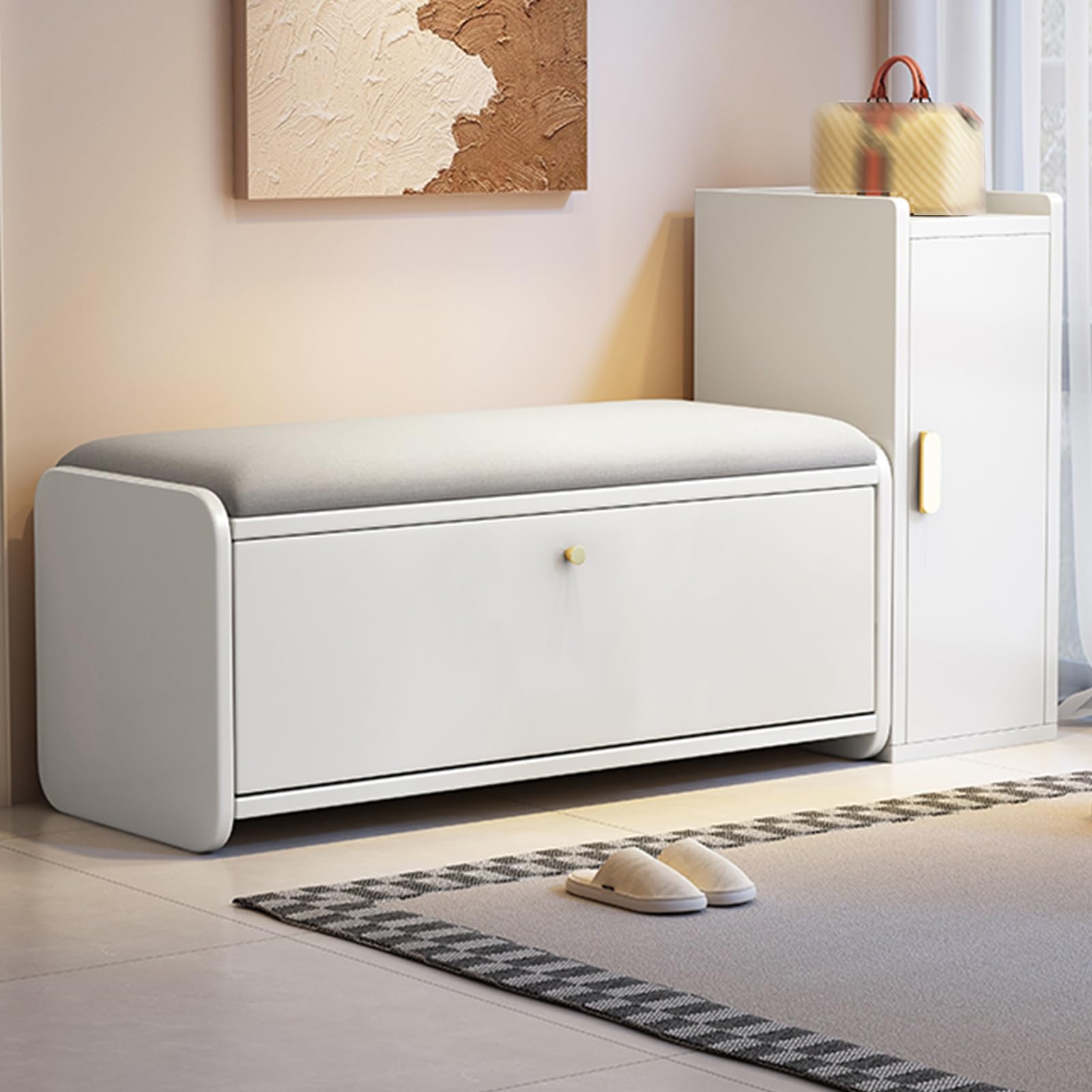 Banc d'entrée blanc de 88 cm avec meuble de rangement à chaussures fermé pour couloir encombré