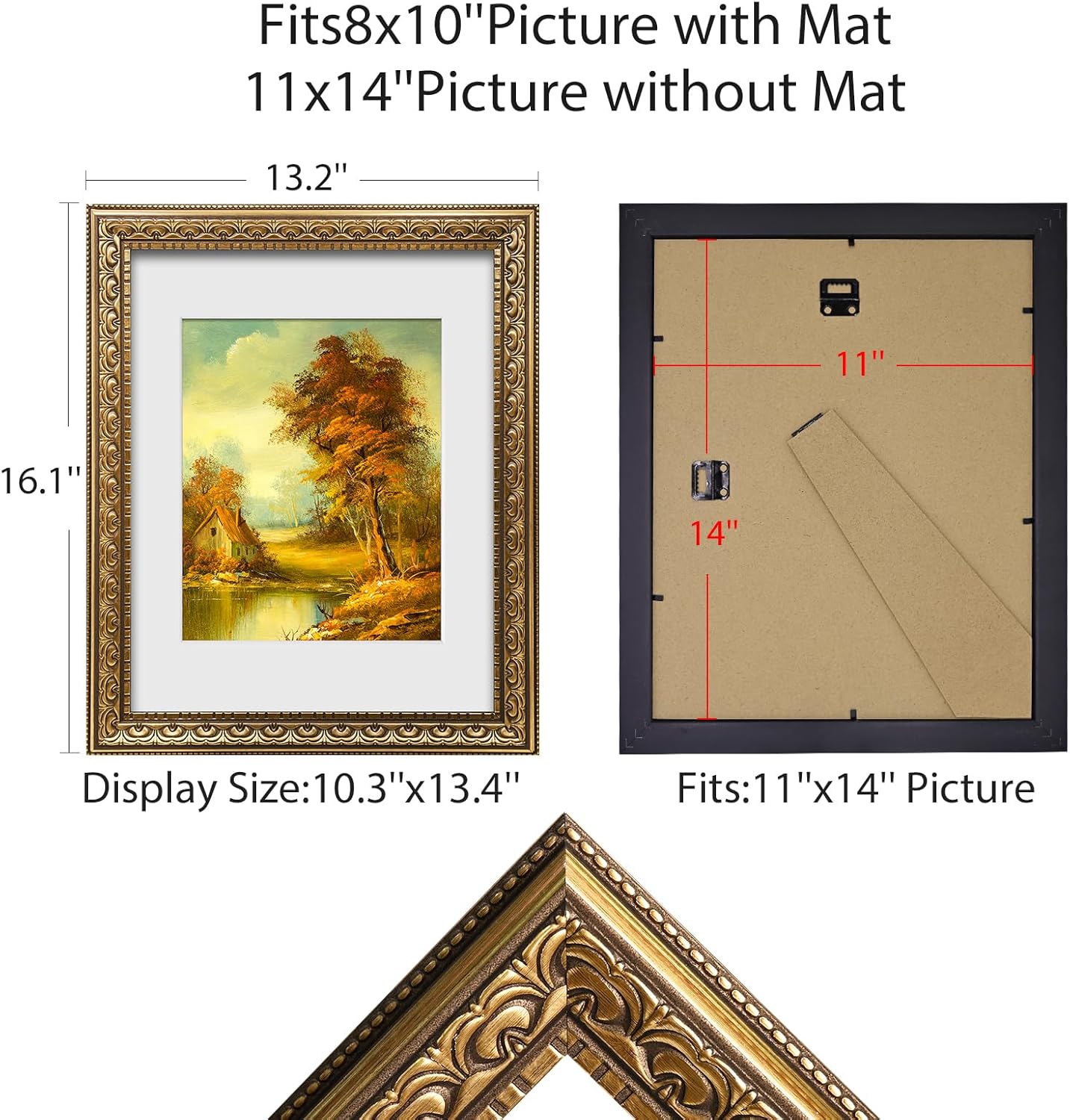11x14 Vintage Picture Frames,Antique Picture Frame with White Mat for 8x10 Picture,Gold Frame for Wall Decor,1 Pack Ornate Picture Frame,Gold - Image 2
