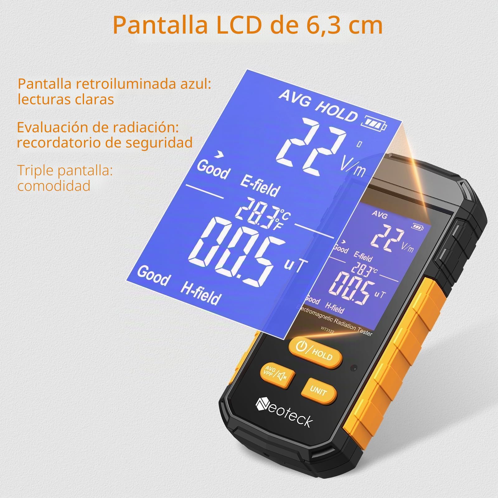Neoteck Medidor Radiacion Electromagnetica Medidor EMF 3 en 1 con Pantalla LCD Retroiluminada y EFMF en Misma Pantalla Probador EMF Portátil Recargable para Hogar Fábrica Oficina