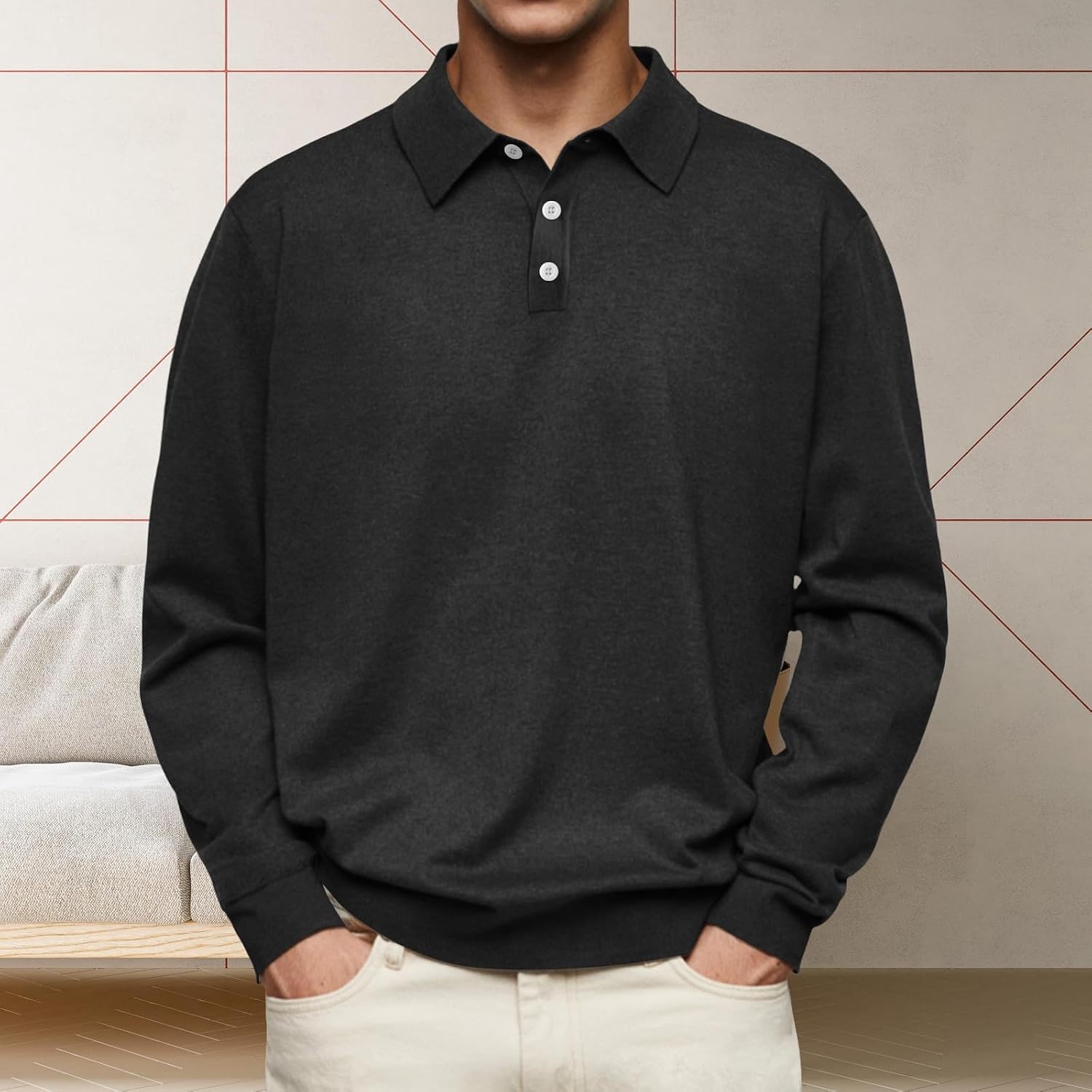 Men's Long Sleeve Polo Shirt Button Up Loose Fit Fall Spring Solid Shirts Casual Work Golf Top with Collar
