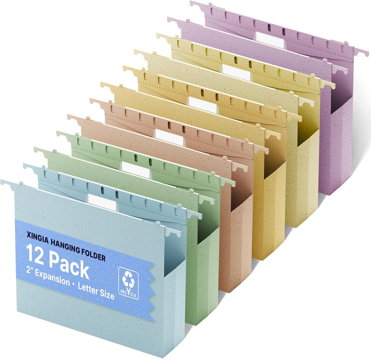 XINGIA Letter Size Hanging File Folders,Heavy Duty 2'' Expansion Filing Cabinet Folders with Tabs,12 Pack Pastel Plastic Hanging File Folders,Wheat Straw Hanging File Organizer for Office School