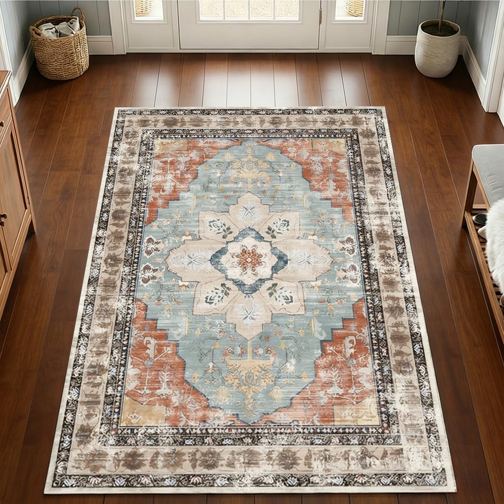 3x5 Bedroom Area Rug Washable Rug Large Non Slip Entryway Rug, Boho Floral Vintage Print Carpet Indoor Door Mat 3x5 Rugs for Entryway Bedroom Bathroom Kitchen Office Living Room
