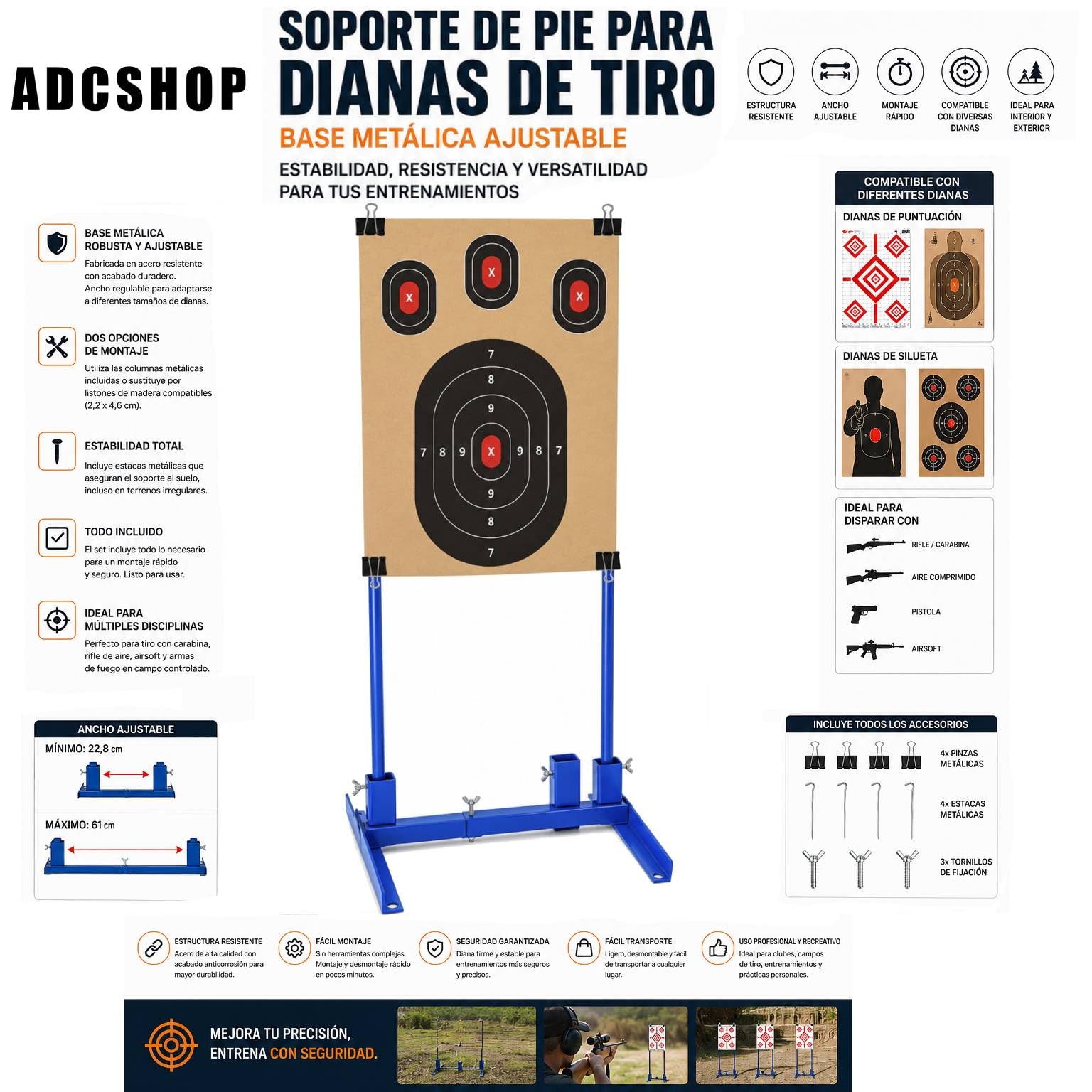 Soporte para objetivos de tiro –siluetas y dianas de puntuación - ajustable