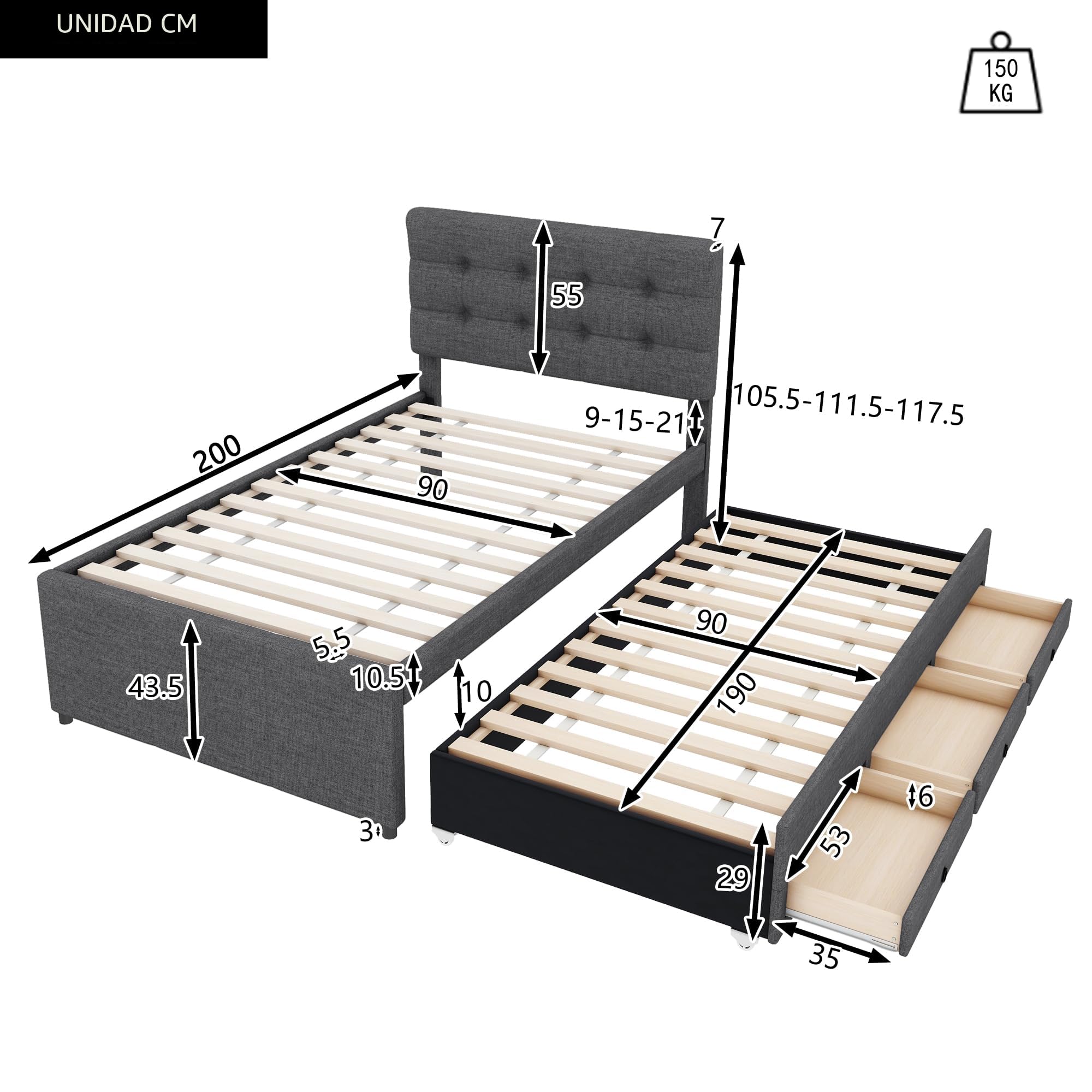 Cama tapizada, 90 x 200 cm, con cama nido de 90 x 190 cm, cama familiar, cama con tres cajones, cama enrollable extensible, cabecero ajustable, sin colchón (gris)