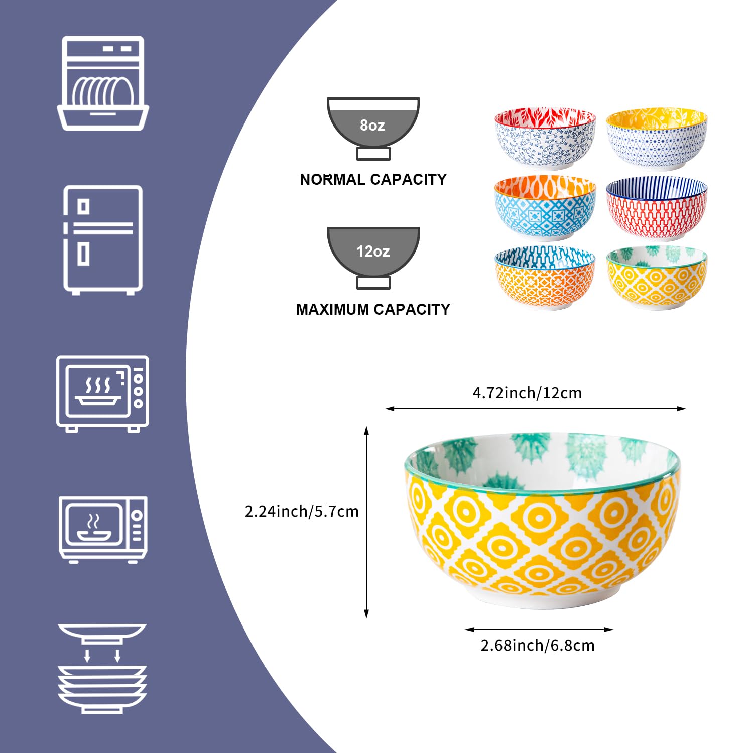 Keramik Dessertschalen Set - 350 ml kleine Müslischale für die Küche - 12 oz Porzellan Eiscreme Schale für Salat, Ramen, Früchte - Mikrowelle spülmaschinenfest - Set von 6 - Bunt