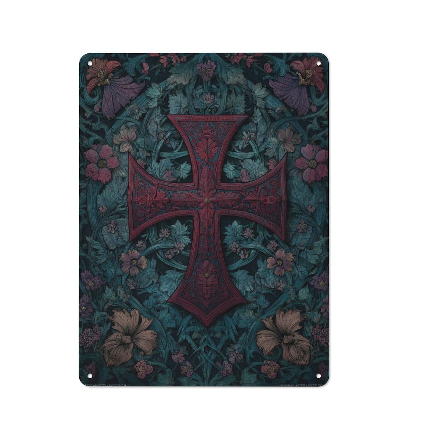 Ornate Cross Amidst Floral Tapestry Cottage Metal Wall Decor 40x30cm, Shed Metal Sign for Conservatory, Home Bar Or Utility Room