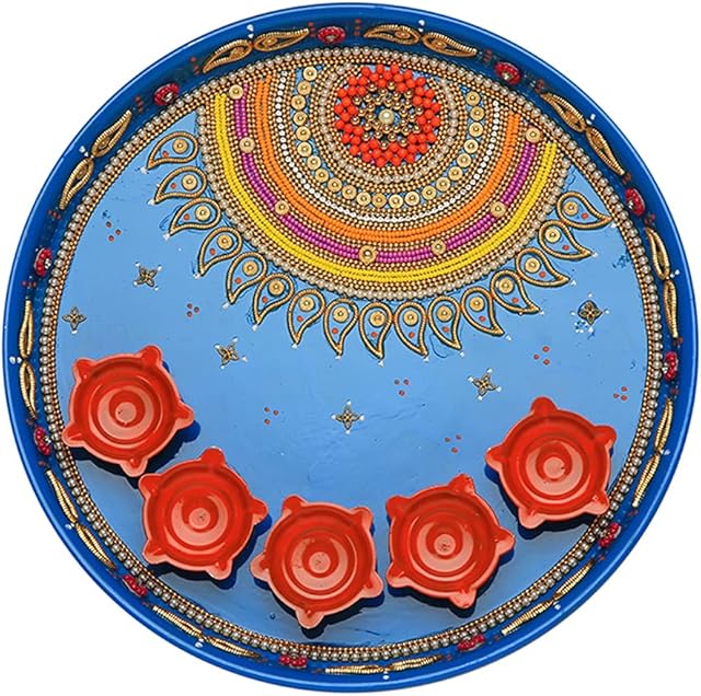 Blue Pooja Thali Plate with 5 aarti Diwali diya Platter Engagement Plate Decorative Steel Puja Thali for Temple Mandir Aarti Pooja Rituals Wedding Festival Decorations Home Decor & Gifting ( Size- 9")