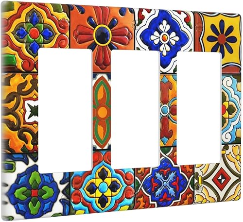 Placa de interruptor de luz basculante de 3 bandas con patrón de cerámica de Talavera mexicana, cubierta de pared de triple decoración, placa