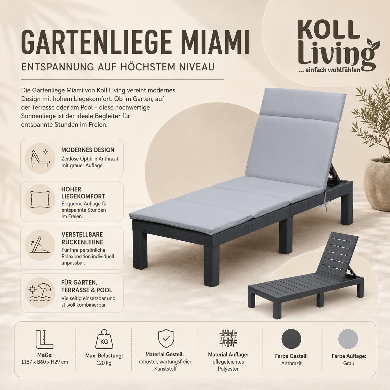 Koll Living Gartenliege Miami | Sonnenliege Kunststoff Anthrazit/Grau | 187 x 60 x 29 cm | belastbar bis 120 kg Liegestuhl wetterfest & pflegeleicht