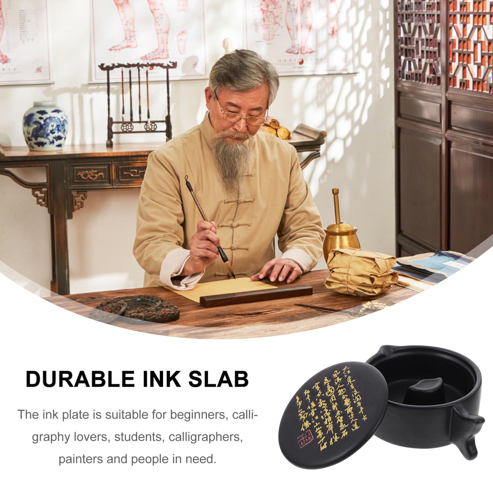 ABOOFAN Piatto Manico a Forma di Coda di Pesce per Inchiostro in Ceramica Nero Coperchio, Design Multifunzionale ed Elegante per Calligrafia e Pittura Tradizionale
