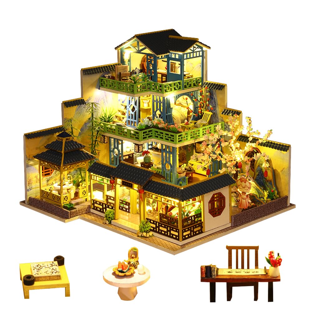 Casa de muñecas en miniatura de estilo chino de tres pisos, muebles de madera, kit de casa de muñecas DIY con habitación creativa LED, regalo para adultos, adolescentes y niños
