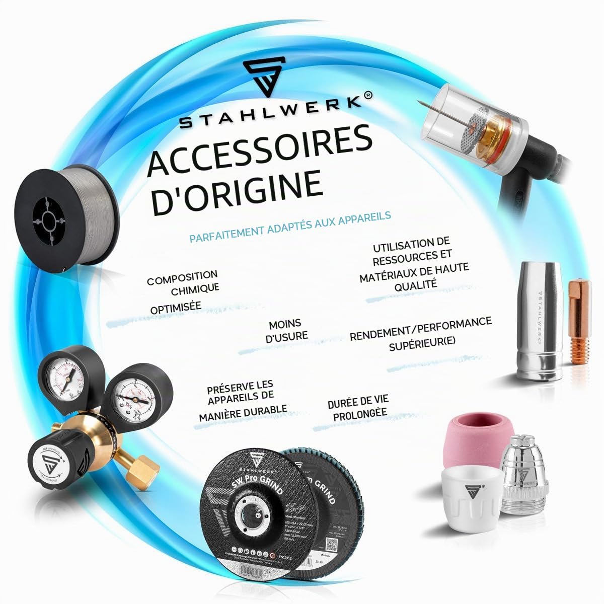 Accessoires de soudage STAHLWERK WP SR Binzel 17 18 26 WIG Pièces d'usure : douilles de serrage + boîtier + buses en céramique + électrodes en tungstène, lot de 36 pièces