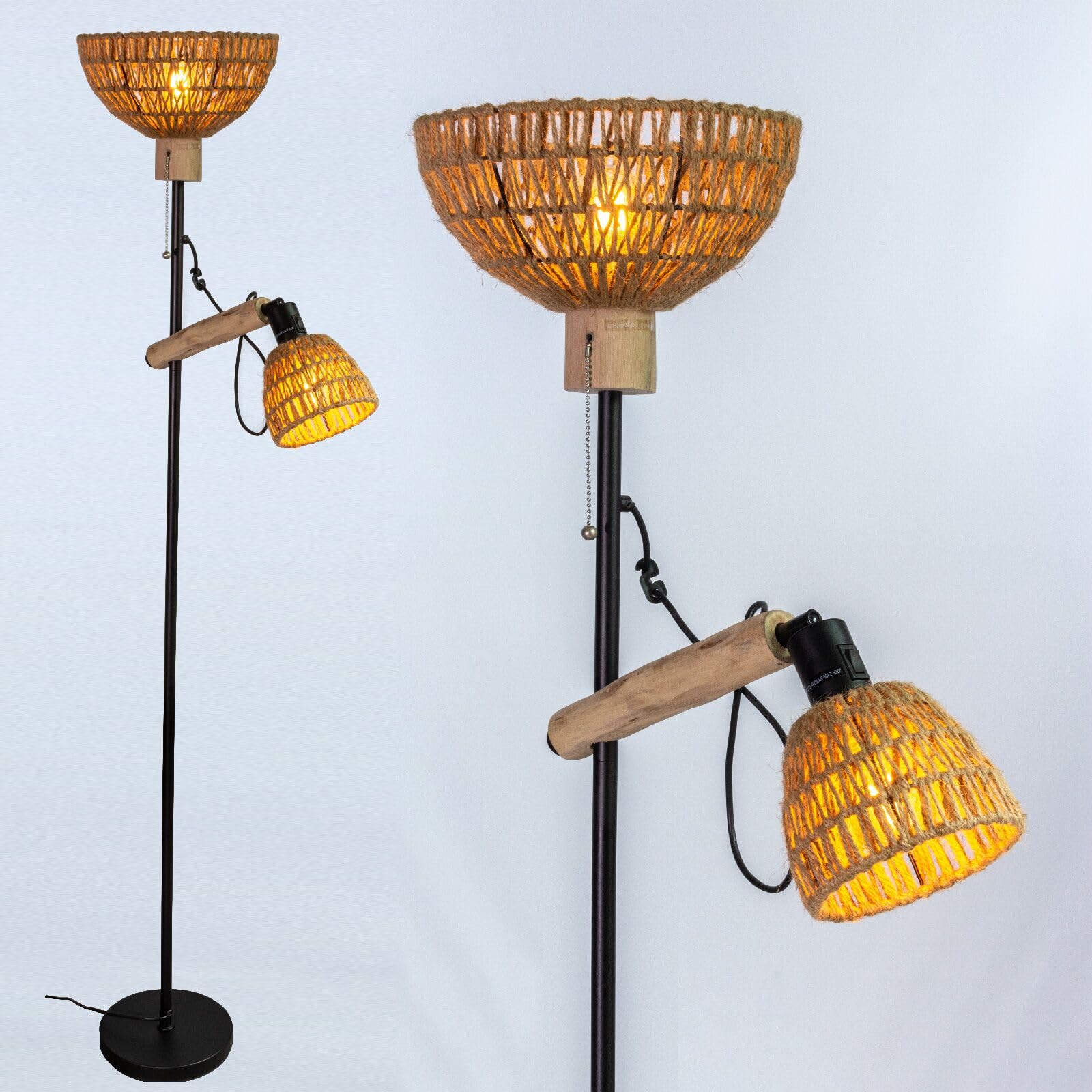 Osasy 2 Shades-Metal Floor Lamps Boho Floor Lamp with 2 Lampshades, Wood, Rustic Standing Lamp for Living Room (Black-Brown Rope Shade)
