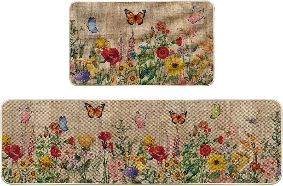 Artoid Mode Wood Flowers Butterfly Spring Kitchen Mats Set of 2, Seasonal Home Decor Leaves Low-Profile Kitchen Rugs for Floor - 24x35 and 24x59 Inch