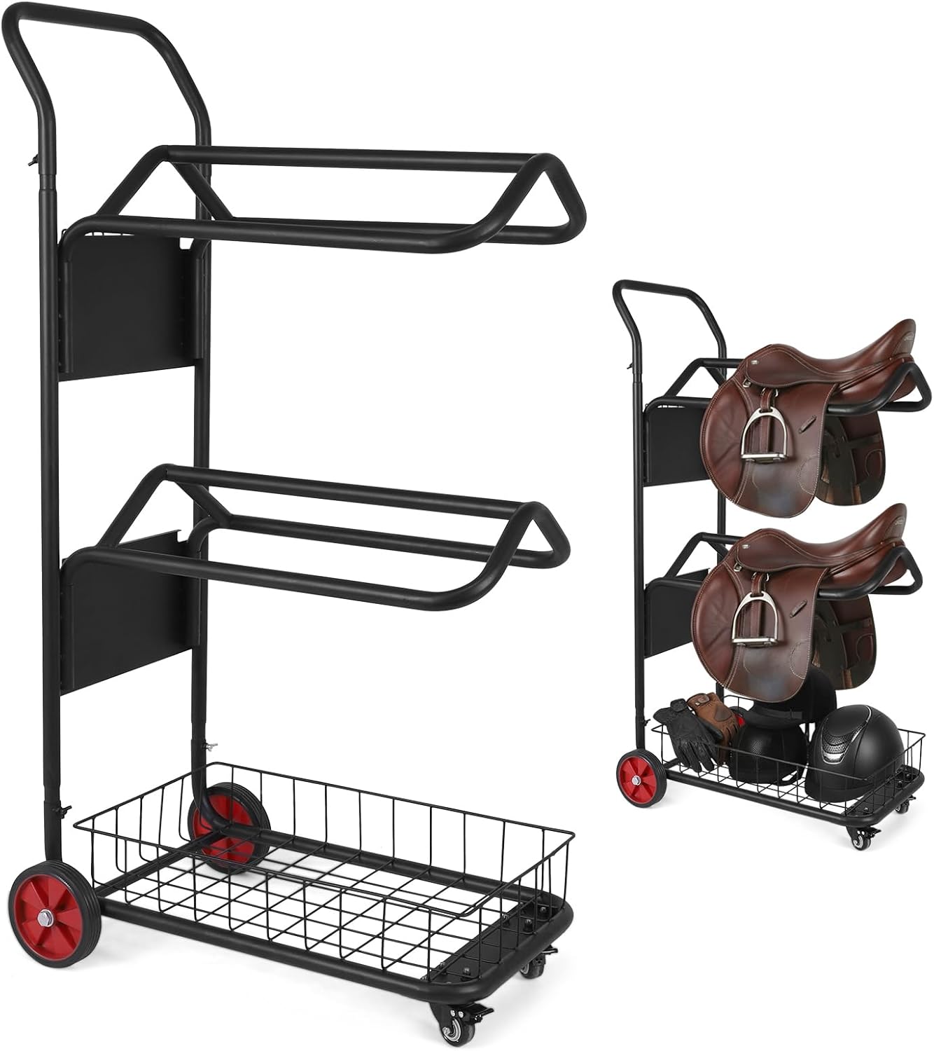 3 Tier Rolling Saddle Rack Cart with Basket Heavy Duty Saddle Stand for Western Horse Gear Organizer Storage Moving Transport Supplies for Tack Room Bridle Horse Lovers Cowboy (30x16x51 inch)
