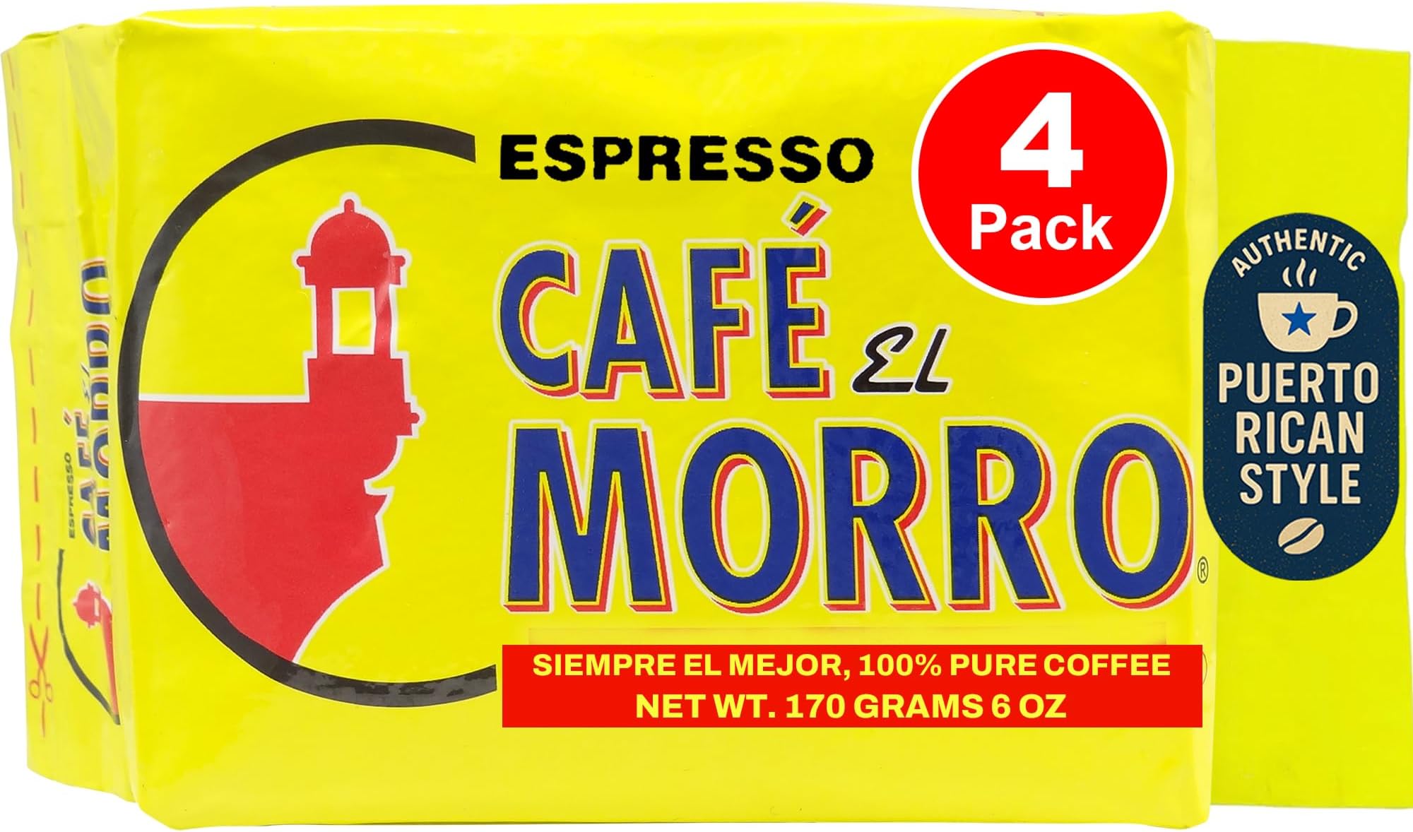 Café El Morro Dark Roast Espresso Ground Coffee, Bulk Coffee, Authentic Puerto Rican Style Coffee, Vacuum Sealed, Ground Espresso Beans, 6 oz (4-Pack)