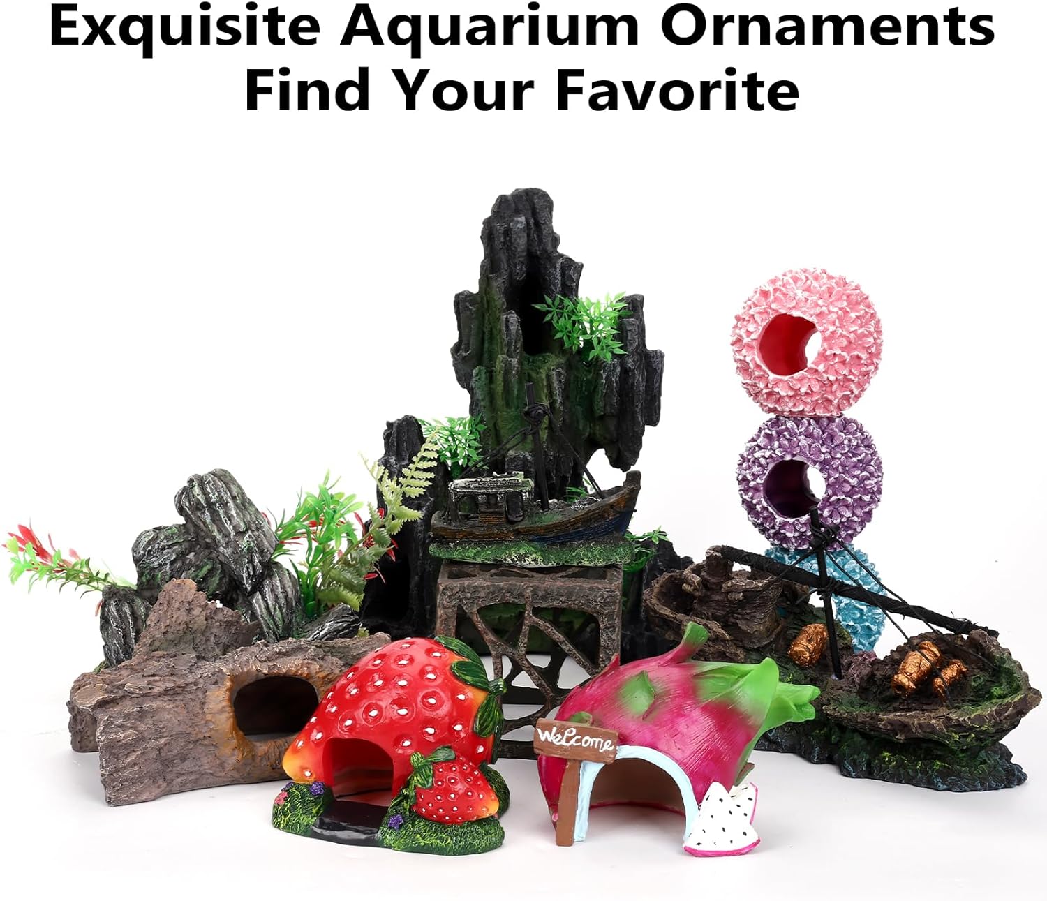 Large Rockery Aquarium Decoration Resin - Mountain View Stone Fish Tank Ornament with Small Caves-Approx. 9.7" L x 5.9" W x 11.8" H(Rockery)