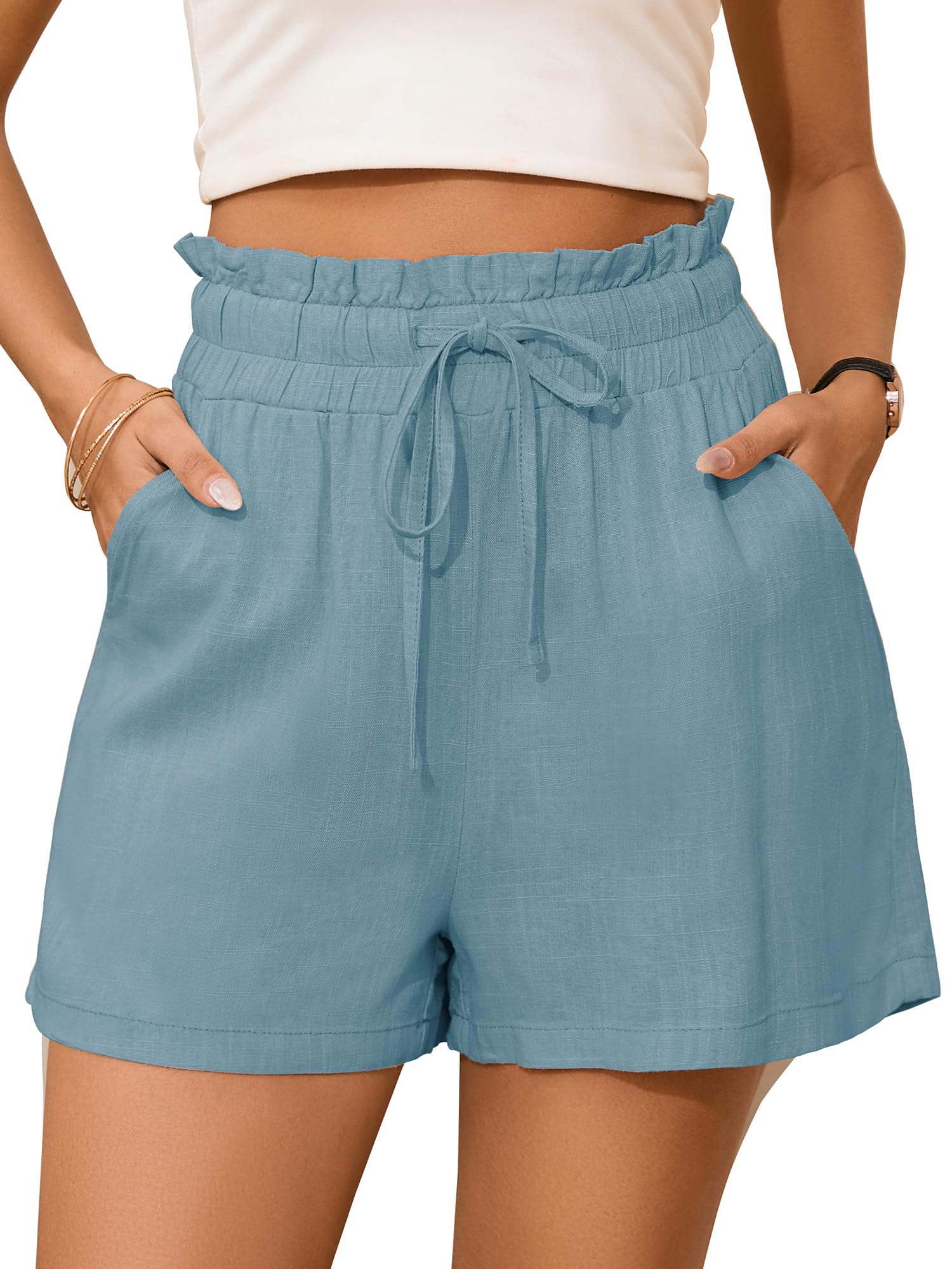 StylSense Kurze Hose Damen Sommer Leinen Musselin Bermuda Shorts Baumwolle High Waist mit Gummizug und Taschen