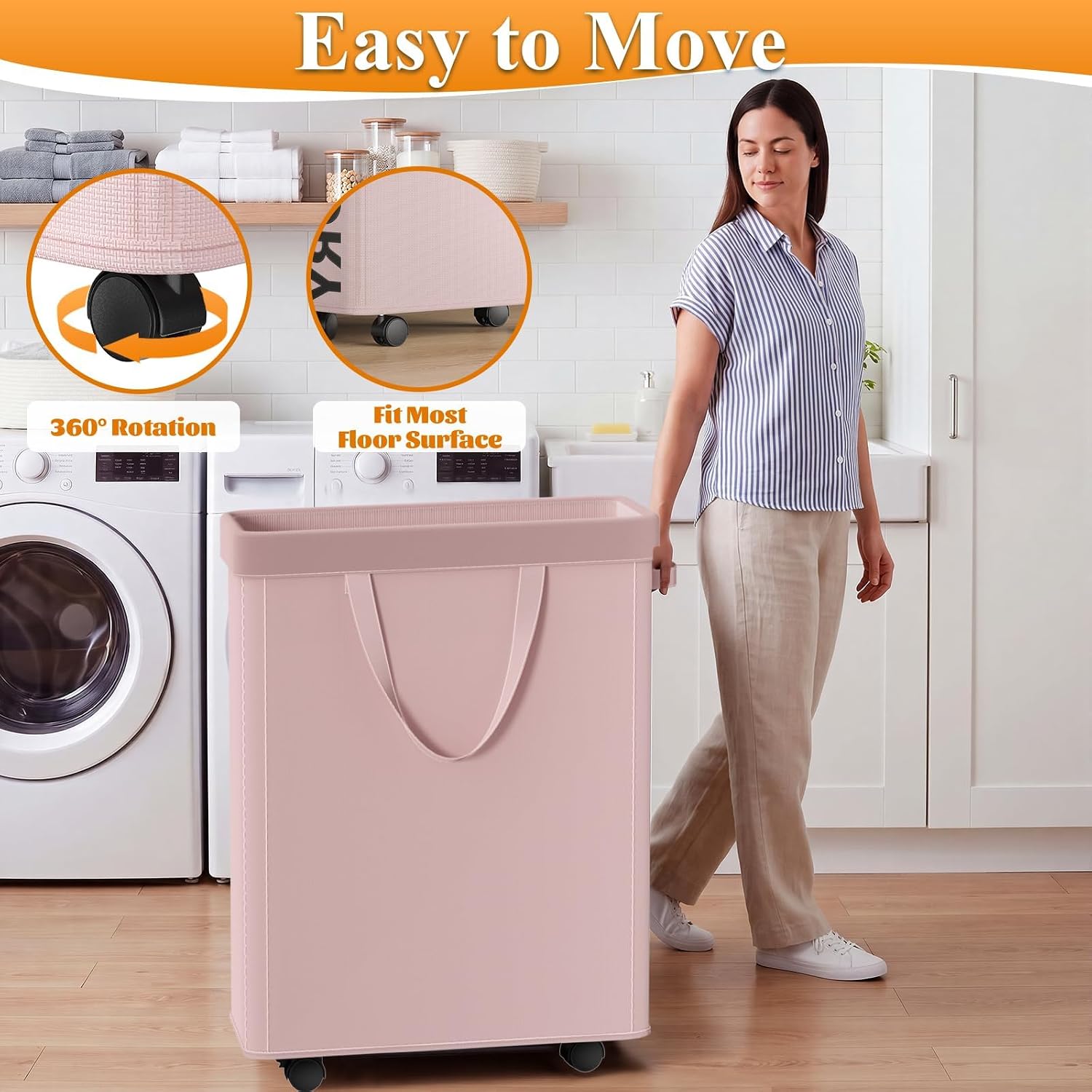 Optish 50L Slim Rolling Laundry Basket with Wheels & Removable Bag, Pink