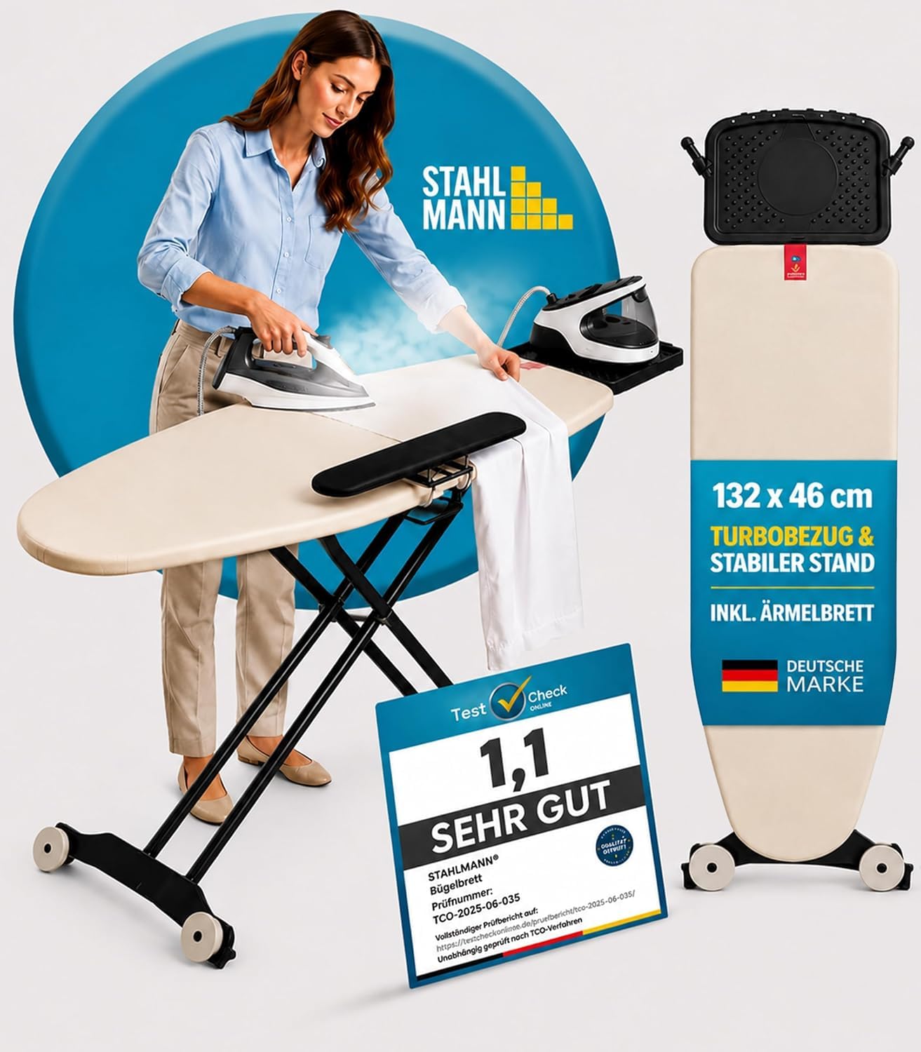 STAHLMANN® Bügelbrett für Dampfbügelstation [132x46] Ärmelbrett + Rollen | Dampfbügelstation-Bügelbrett 132 x 46 cm | Ärmelbrett | Rollen | 60-90 cm | Made in Europe