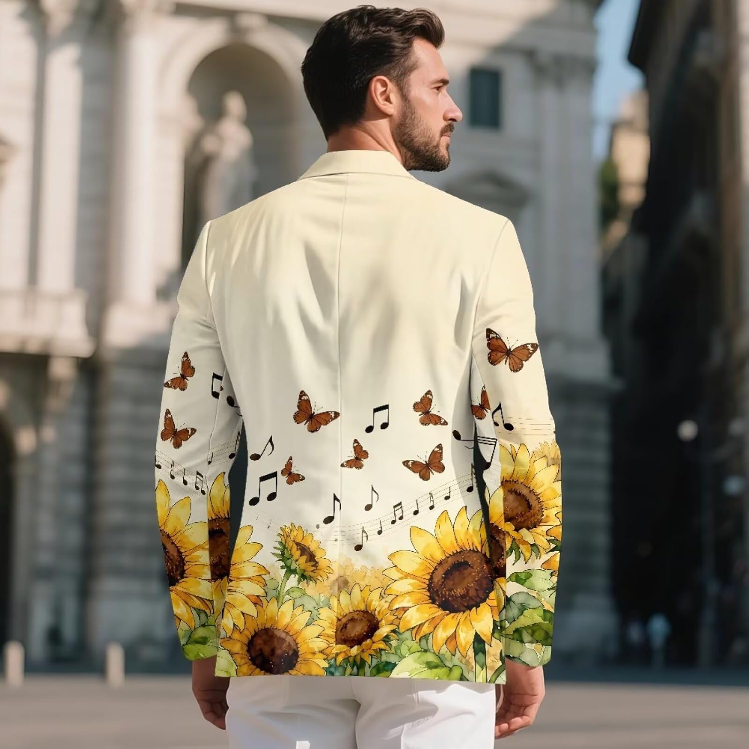 FUSURIRE Men's Formal Suit with Natural Shoulder Line - Single Button Sunflower Butterfly Print Blazer, Inner Lining, Business Casual & Events (S-5XL)