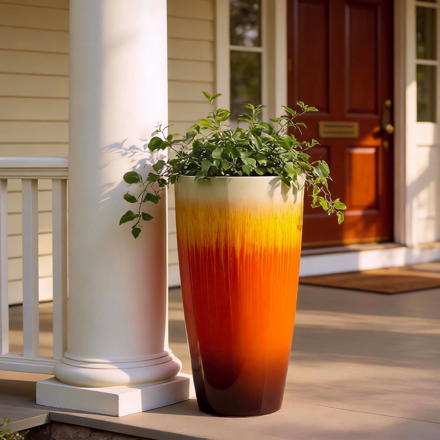 21 inch Tall Planter, Set of 2 Tall Planters for Outdoor & Indoor Plants, Large Outdoor Planters for Front Porch, Patio, Garden (Orange Flowing Glaze)