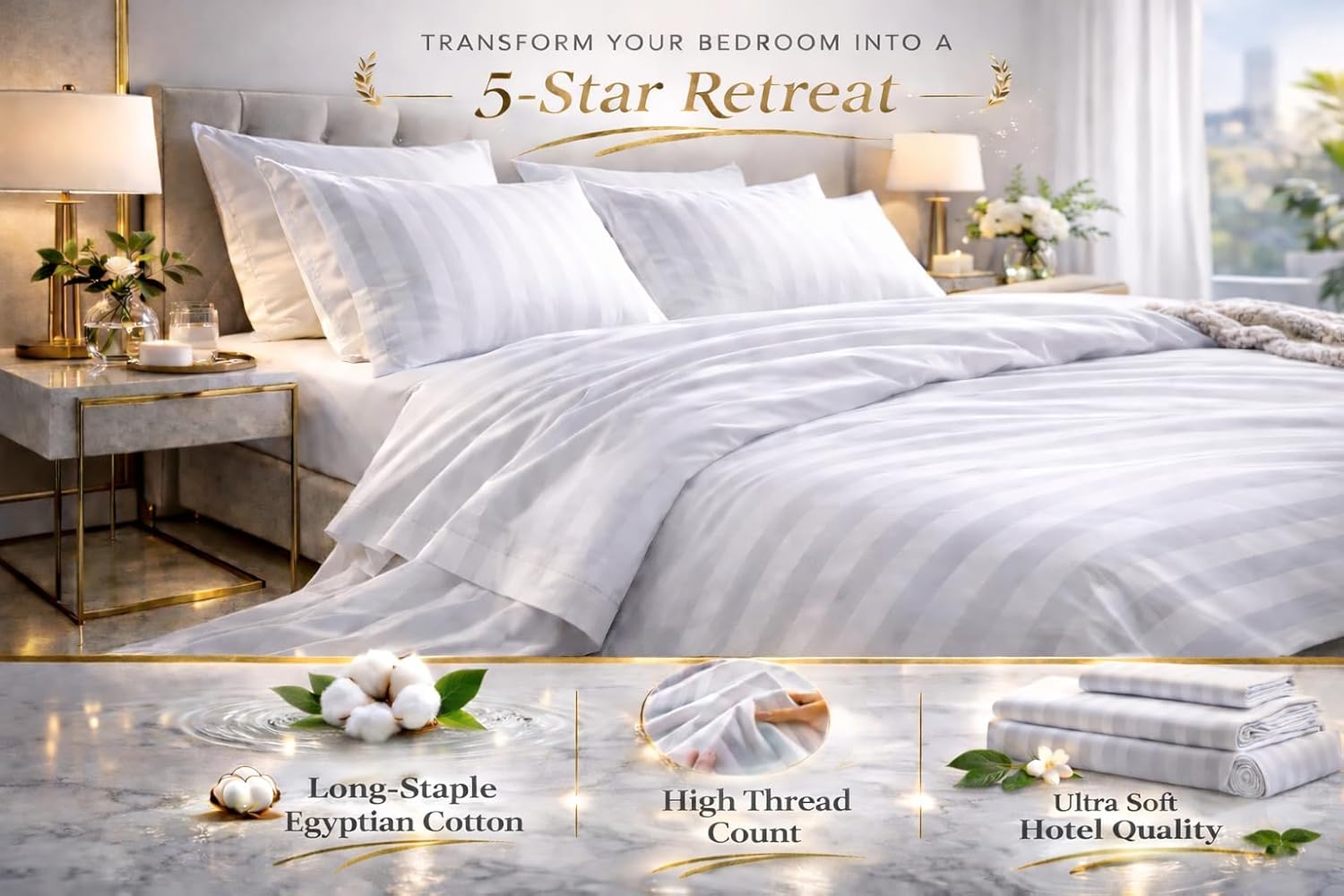 CASA ESENCIA 100% Egyptian Cotton Sheets King Size – High Thread Count Luxury Hotel Sateen Weave Sheet Set, Soft & Breathable, 17” Deep Pocket, 4-Piece White Striped Bedding, All-Season Comfort