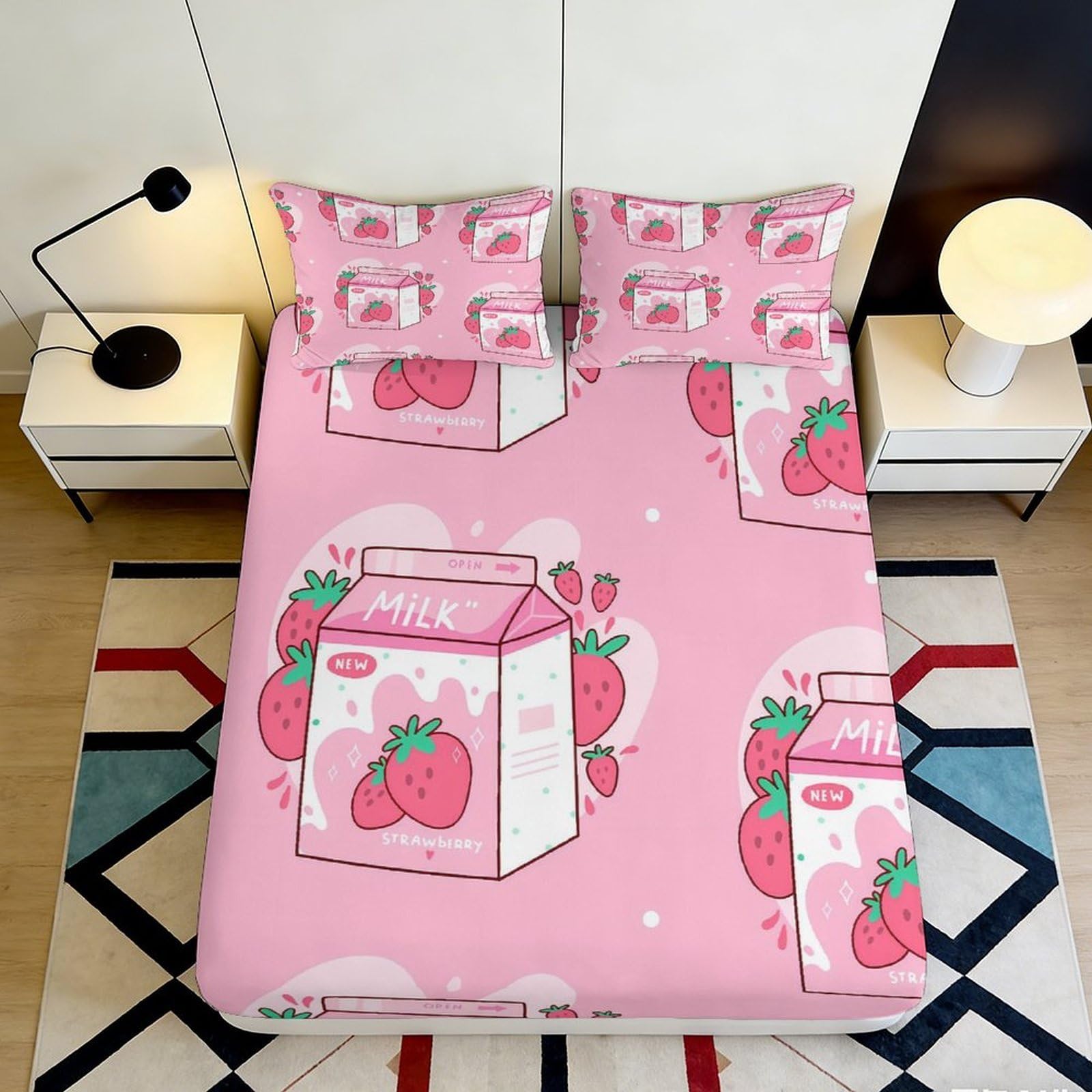 3D Printed Strawberry Milk Fitted Sheet Microfiber Pink Cartoon Bed Cover Anti-Slip Machine Washable for Bedroom Guestroom 90x200x25cm