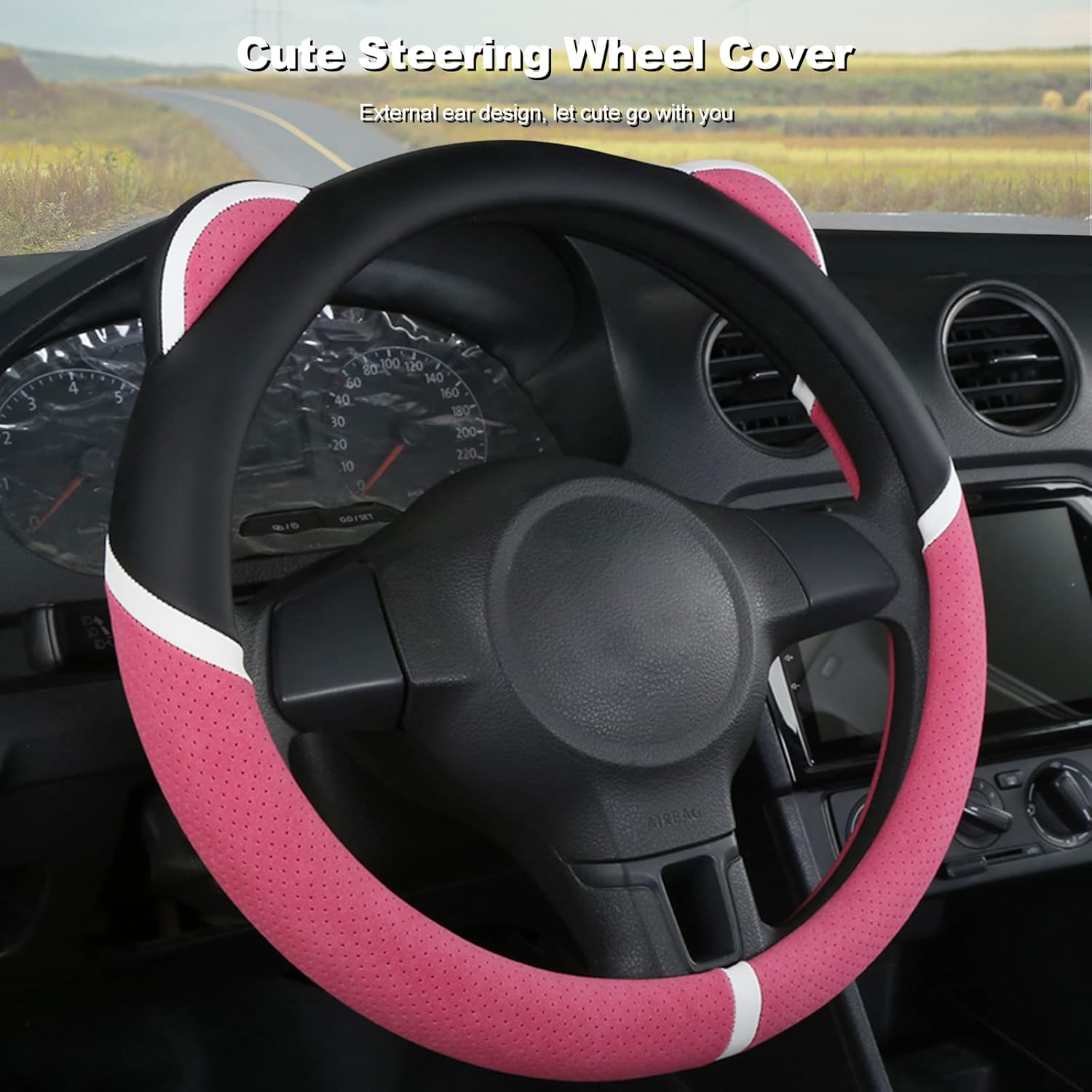 Ergocar Round Shape Steering Wheel Cover Cartoon Cat Ears Microfiber PU Leather Cute Girl Car Steering Wheel Protector Anti-Slip Breathable Fashionable 38cm(15"), Rose Red