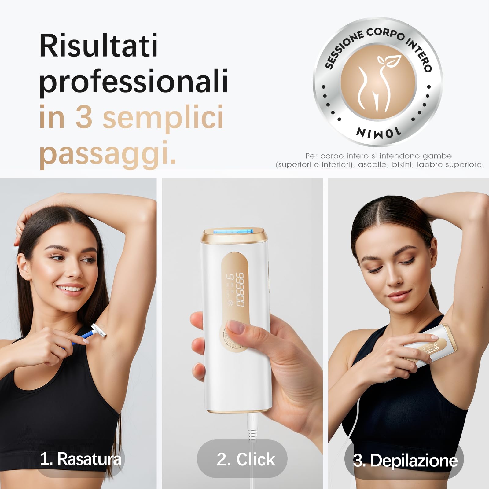 Haarlosy Epilatore Luce Pulsata con Ghiaccio, 3 IN 1 IPL Epilatore Laser per Donna e Uomo, 9 Livelli di Energia Regolabile Adatto a Corpo, Viso, Ascelle, Gambe Sensibili (Bianco Oro)