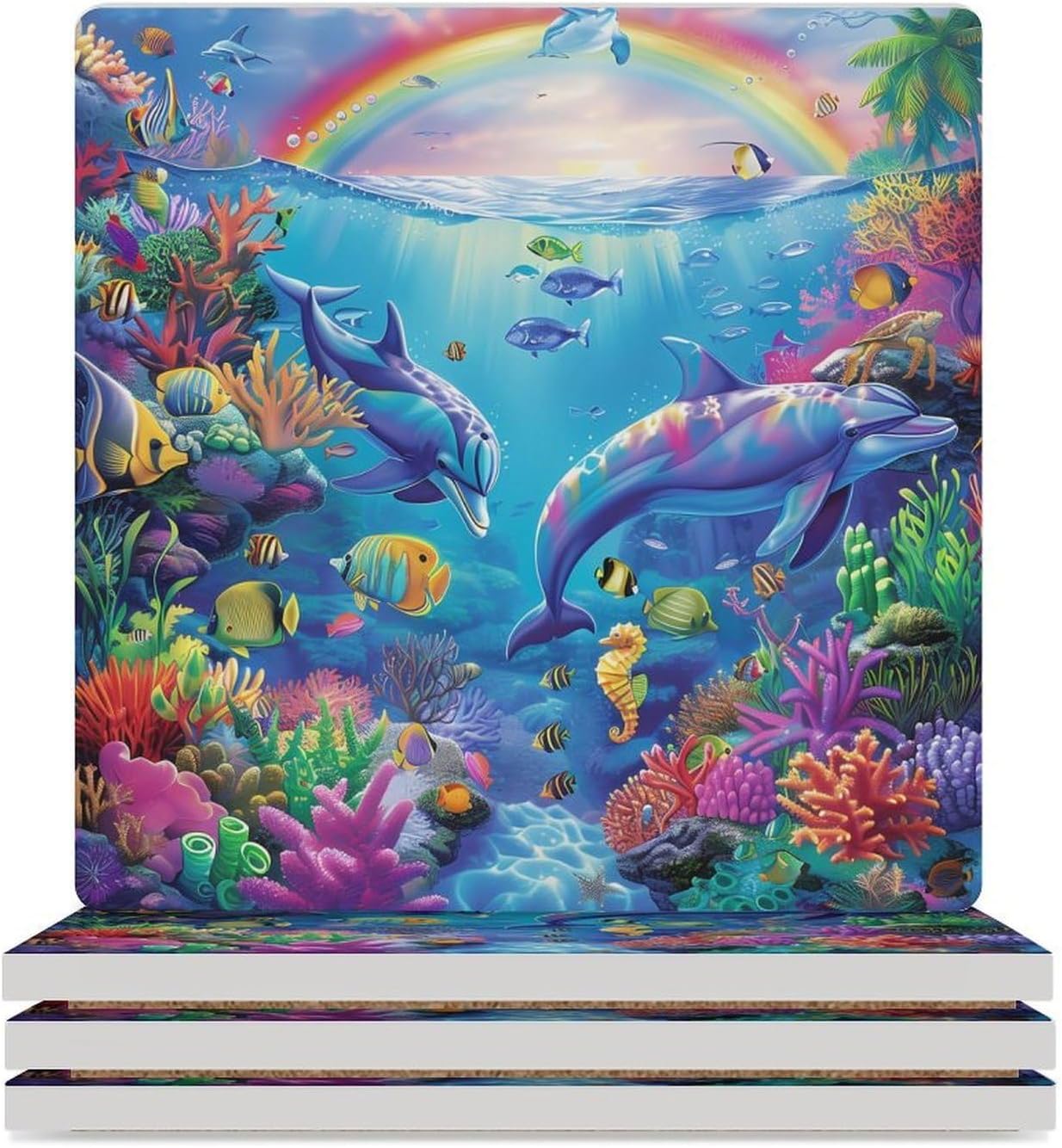 Dolphin Coaster for Drinks Square Ceramic Table Coasters Stone Mat Crafts 4PCS Home Kitchen Decor