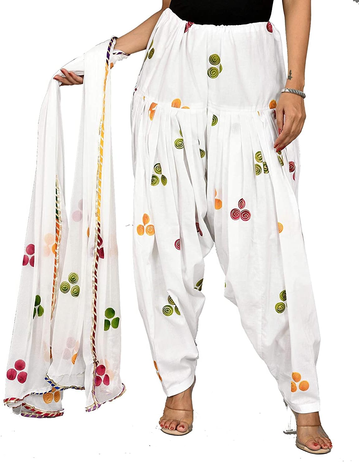 Women's Regular Fit Cotton Casual Style Patiala Pants (V_Sal_Dup_White_Green & White_Free Size)