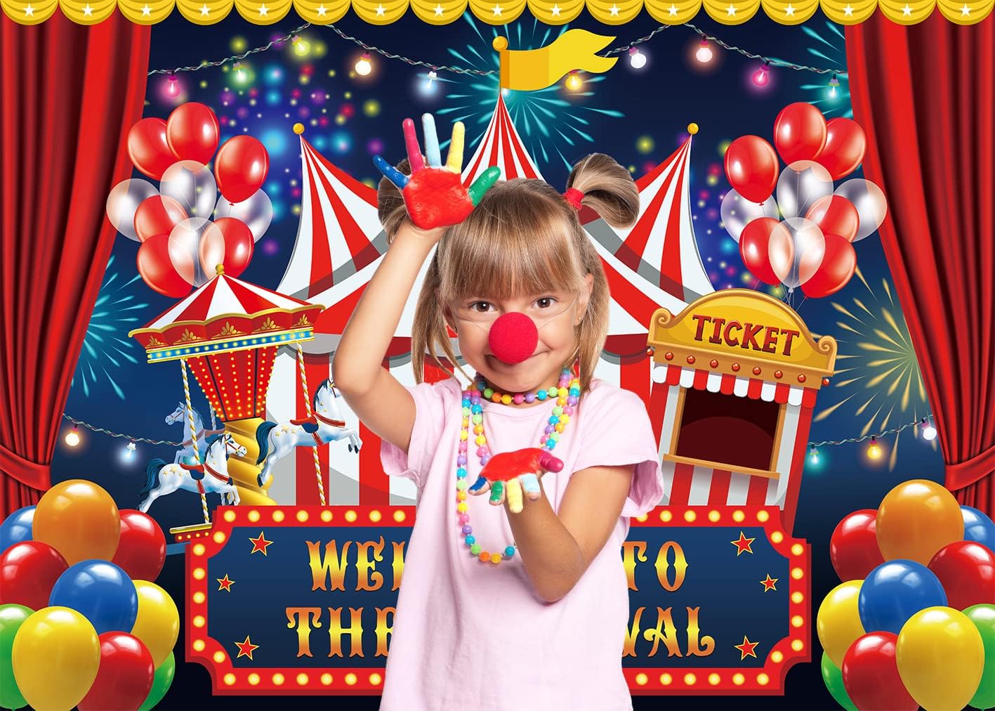 7x5ft Carnival Circus Backdrop Circus Tent Party Backdrop Carousel Ticket Booth Background Child Kid Boy Baby 1st Birthday Carnival Banner Photo Props Supplies