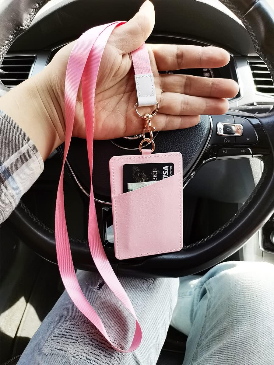 Badge Holders,Leather ID Badge Holder,Vertical Leather ID Badge Card Holder with 1 Clear ID Window & 2 Elastic Credit Card Slot and 1 Detachable Neck Lanyard for Offices ID,School ID (Pink) image 5