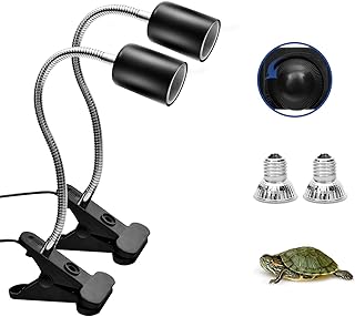 Reptile Heat Lamp, Basking Spot Lamp, 2 Pack UVA + UVB Full Spectrum Sun Lamp with 360°Rotatable Clips and Adjustable Switch for Turtle Lizard Snake Aquarium Chameleons Amphibians (Black, 50W Bulbs)