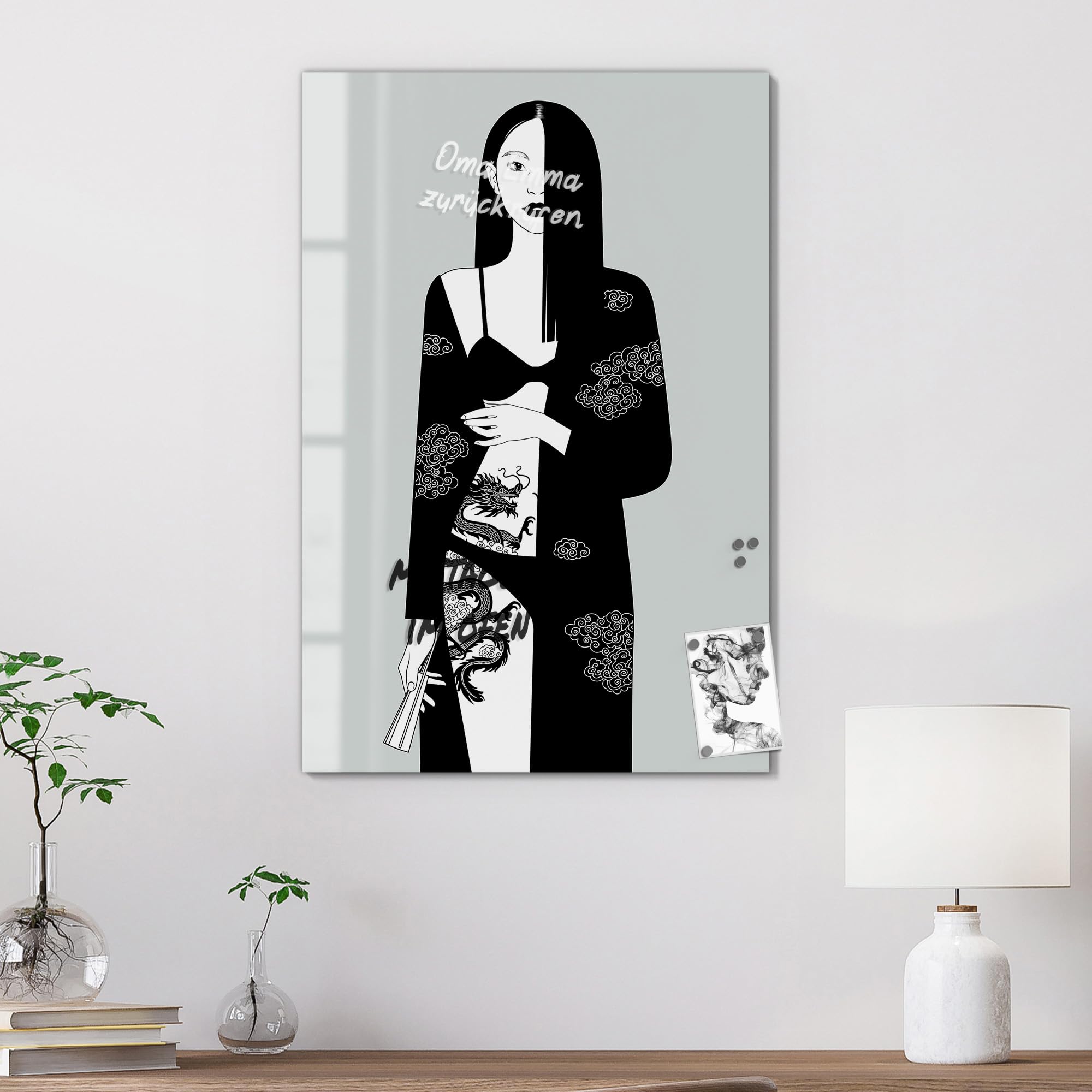DEQOART Pizarra magnética de cristal, 60 x 90 cm, diseño "tradición en contraste", pizarra magnética de cristal, incluye imanes, bolígrafo y paño para cocina y oficina, pizarra magnética y se puede