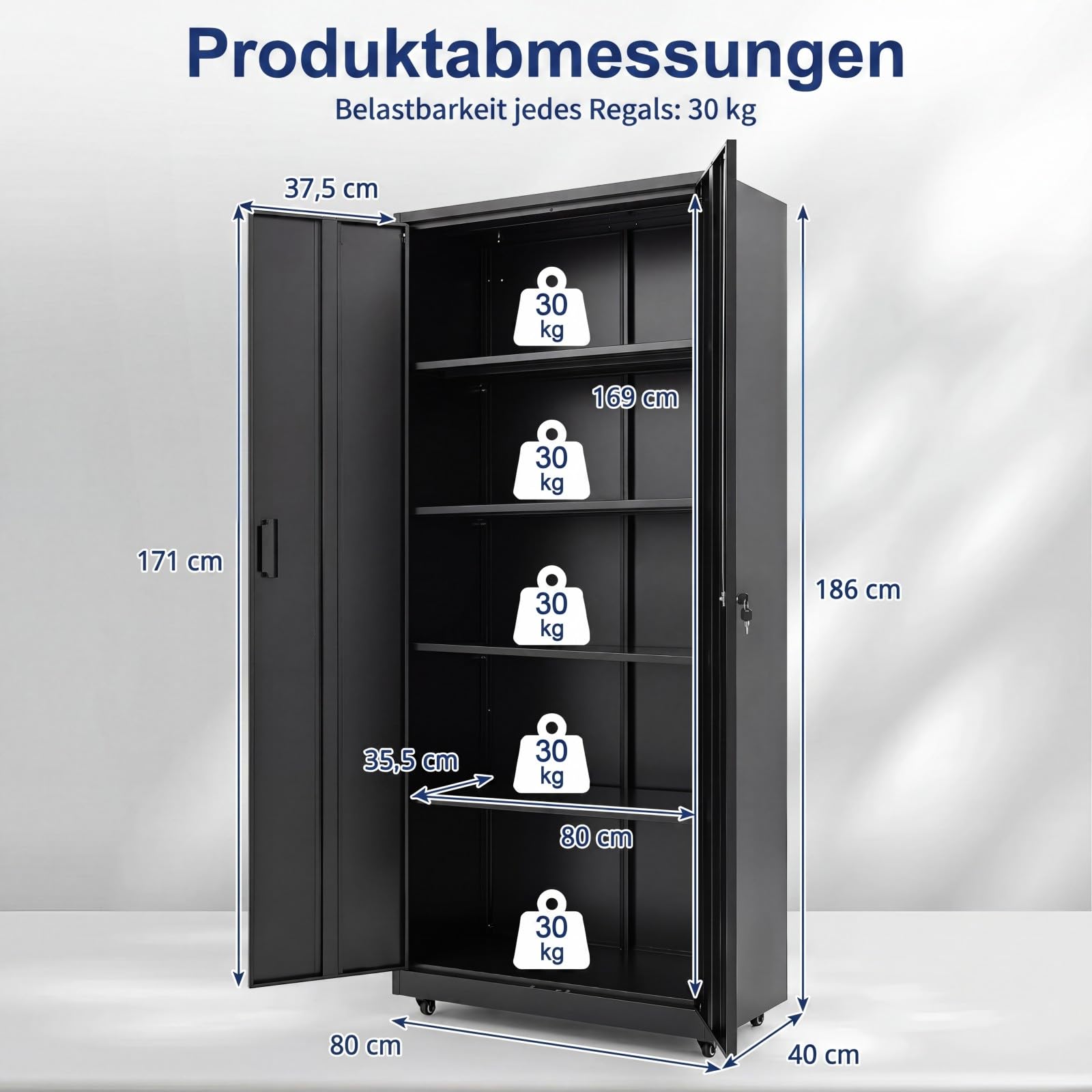 COSTWAY 5 Ebenen Aktenschrank abschließbar mit Doppeltür & Rollen (Schwarz)