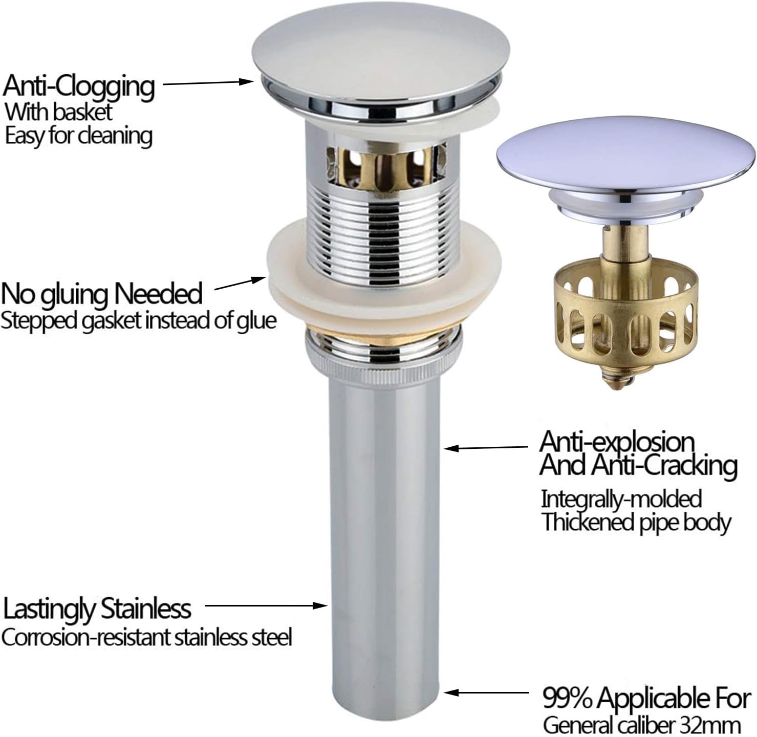 LANC Bathroom Sink Drain Strainer, Polished Chrome Vanity Vessel Pop-Up Drain for Bathroom Sink Stopper Anti-Clogging Hair Catcher and Detachable Strainer Basket Assembly Without Overflow, E24V-N