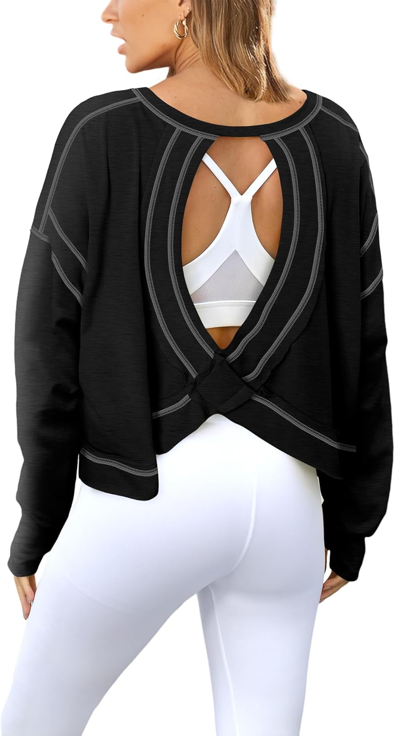 Magritta Womens Open Back Workout Top Loose Fit Boat Neck Athletic Shirts Casual Backless Crop Running Tee Y2k Yoga