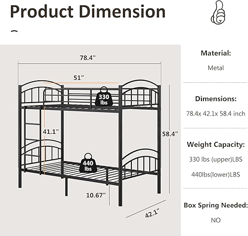 Miniatura 2 de Alohappy Literas con marco de cama individual sobre individual, convertibles en 2 individuales de metal, escalera extraíble y riel de seguridad