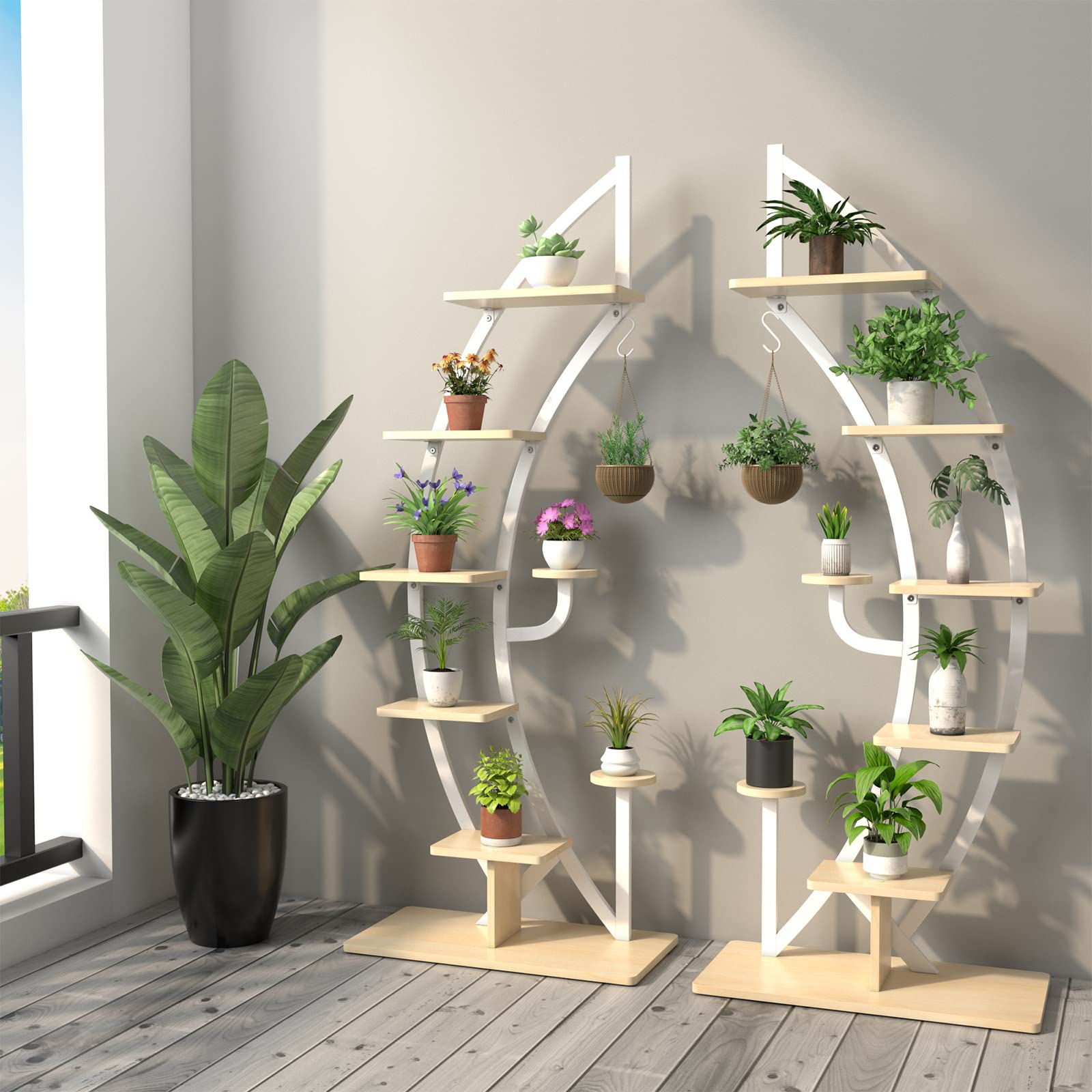 KOMFOTTEU 5-Stöckiger Pflanzenständer, Metall-Blumenständer, Pflanzentreppe mit Kippschutz, Blumentreppe mit 7 Ebenen & 1 Haken, Display-Regal für Garten Balkon Wohnzimmer, Weiß (2 Stück)