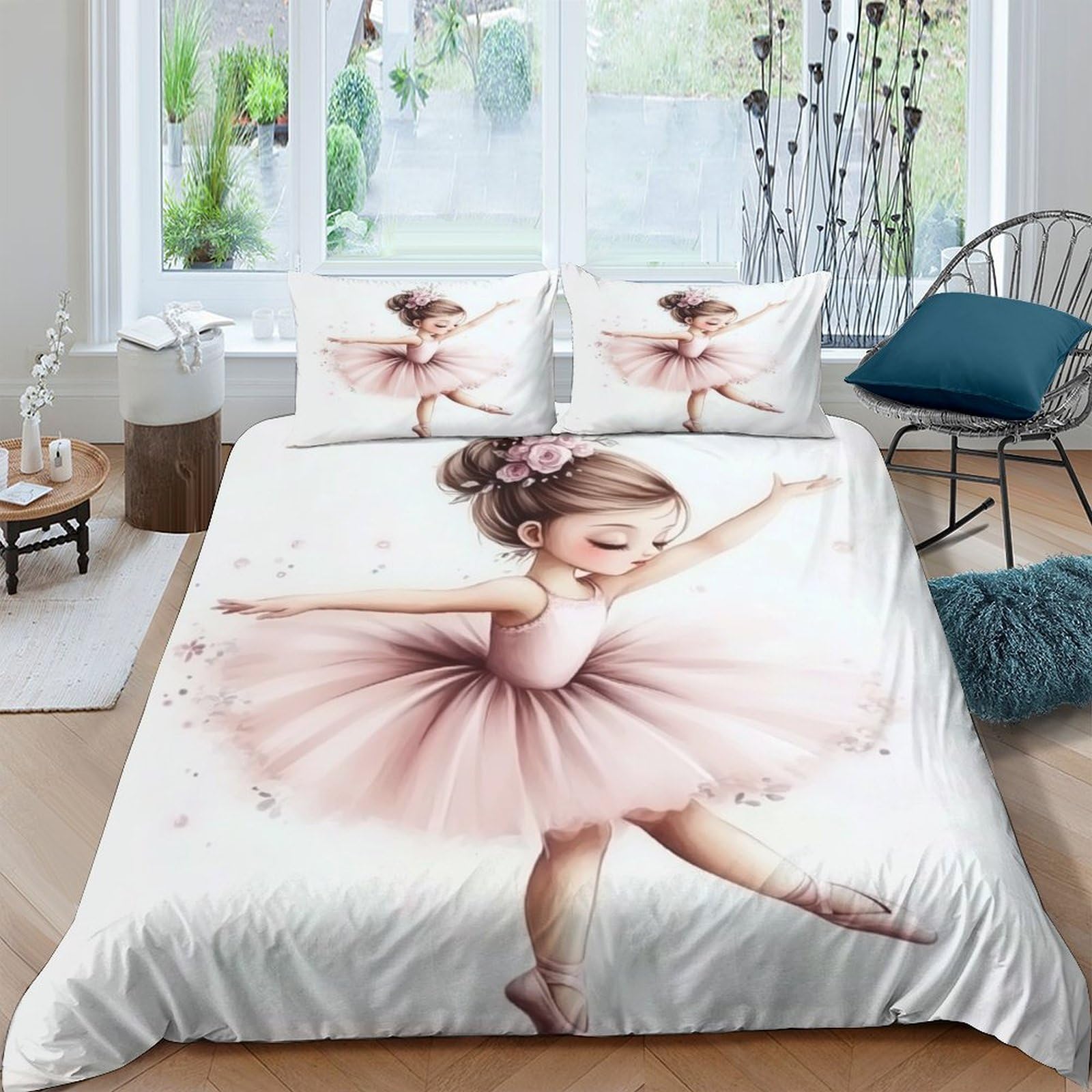 GPLZQXKJNH 3D Printed Ballerina Girl Duvet Cover Microfiber Soft Pink Ballet Bedding Set with 2 Pillowcases for Bedroom Decor, Single（135x200cm）