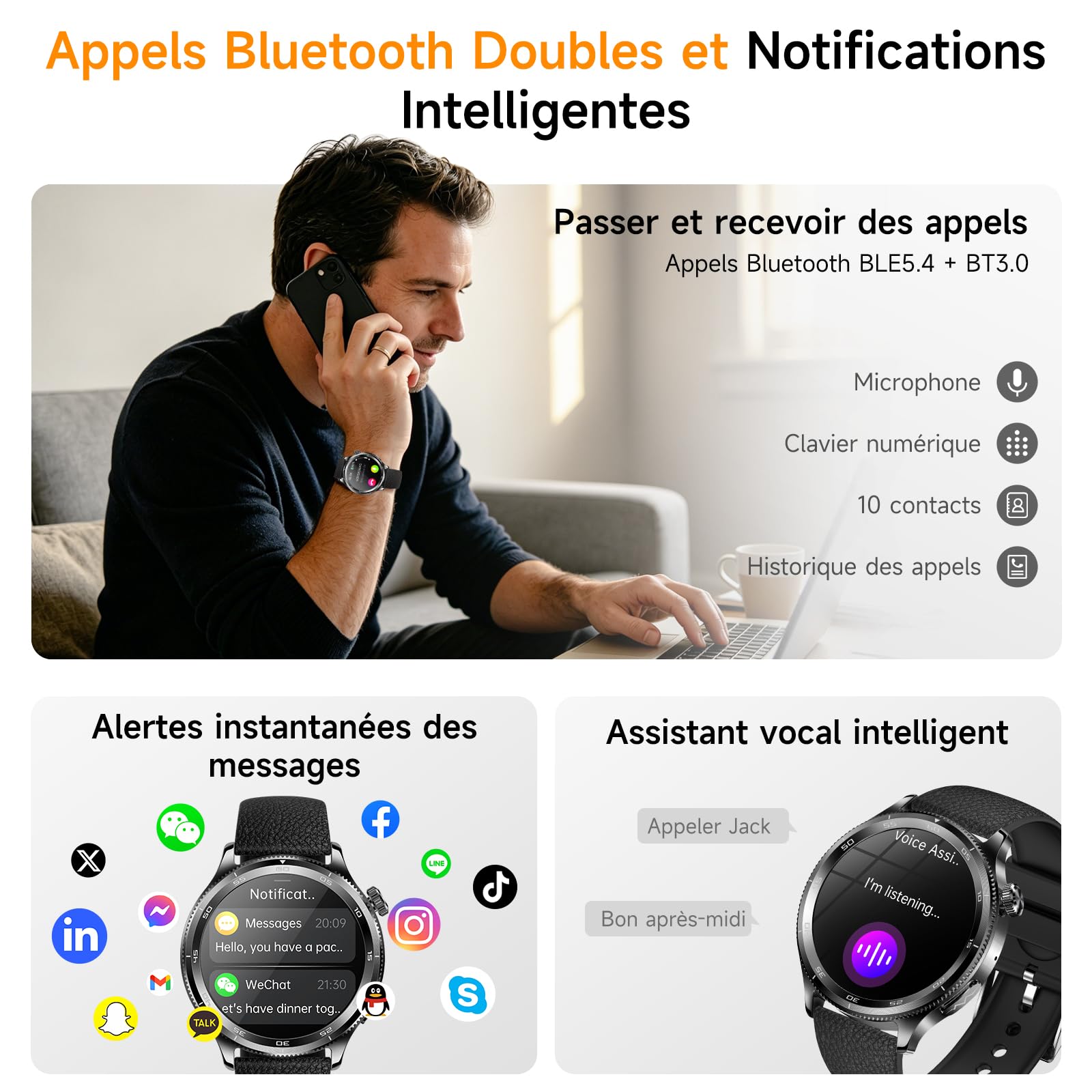Montre Connectée Homme ECG/Pressιon artérιelle, Silicone Noir (Cadre Noir)